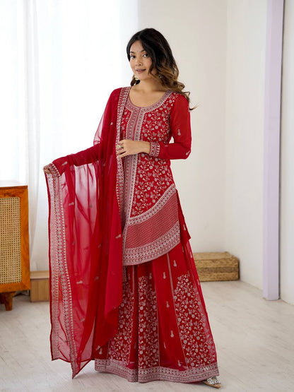 Red Embroidered Kurta Sharara Set With Dupatta