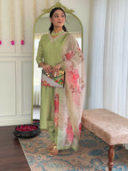 Pista Green Embroidered Rayon Kurti Set with Chanderi Dupatta – Sizes S to 2XL
