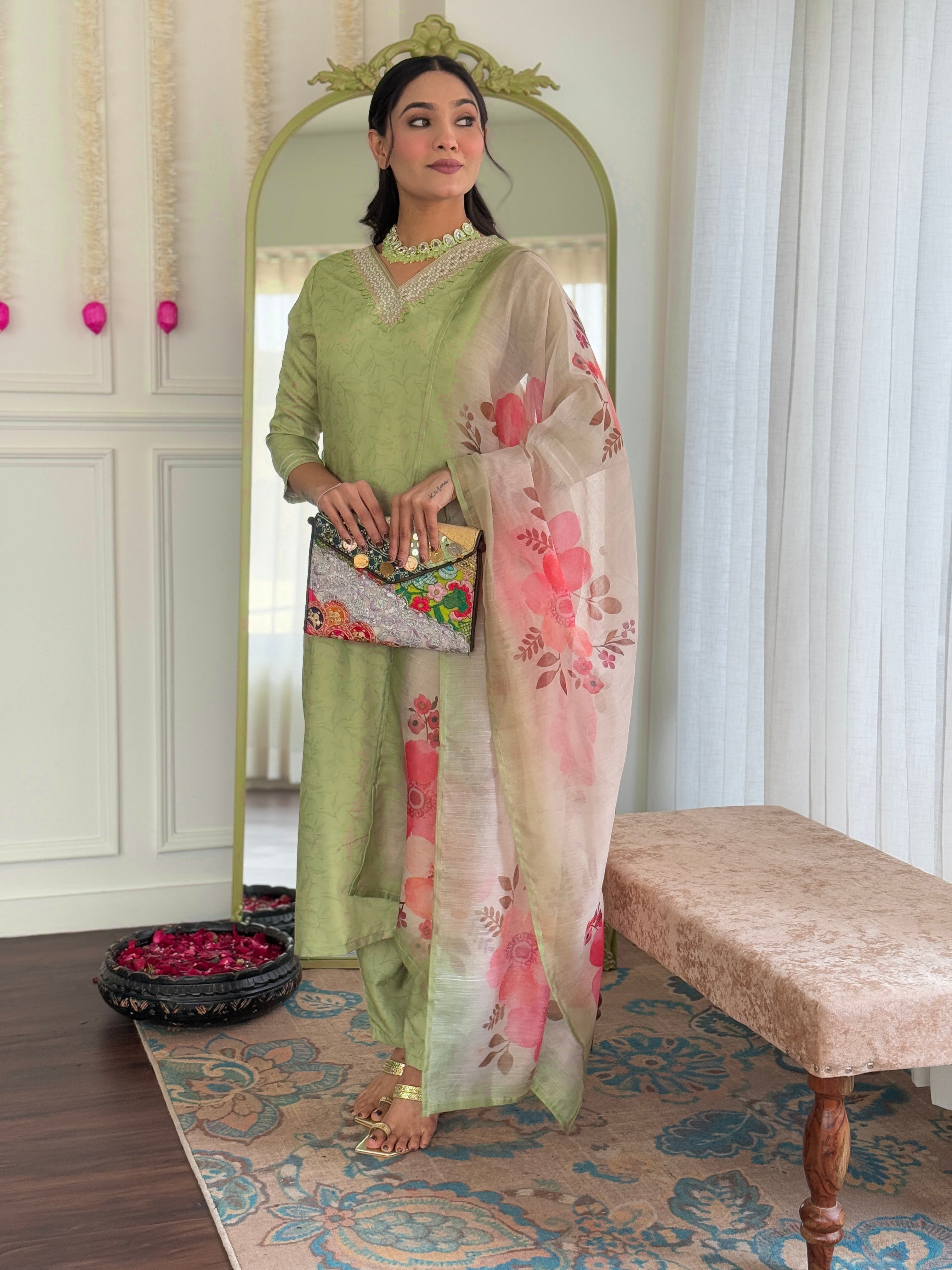 Pista Green Embroidered Rayon Kurti Set with Chanderi Dupatta – Sizes S to 2XL