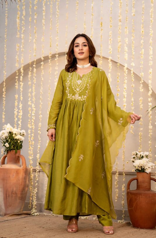 Women's Olive Green Chanderi Silk Embroidered Flared Kurta Pant Set With Dupatta
