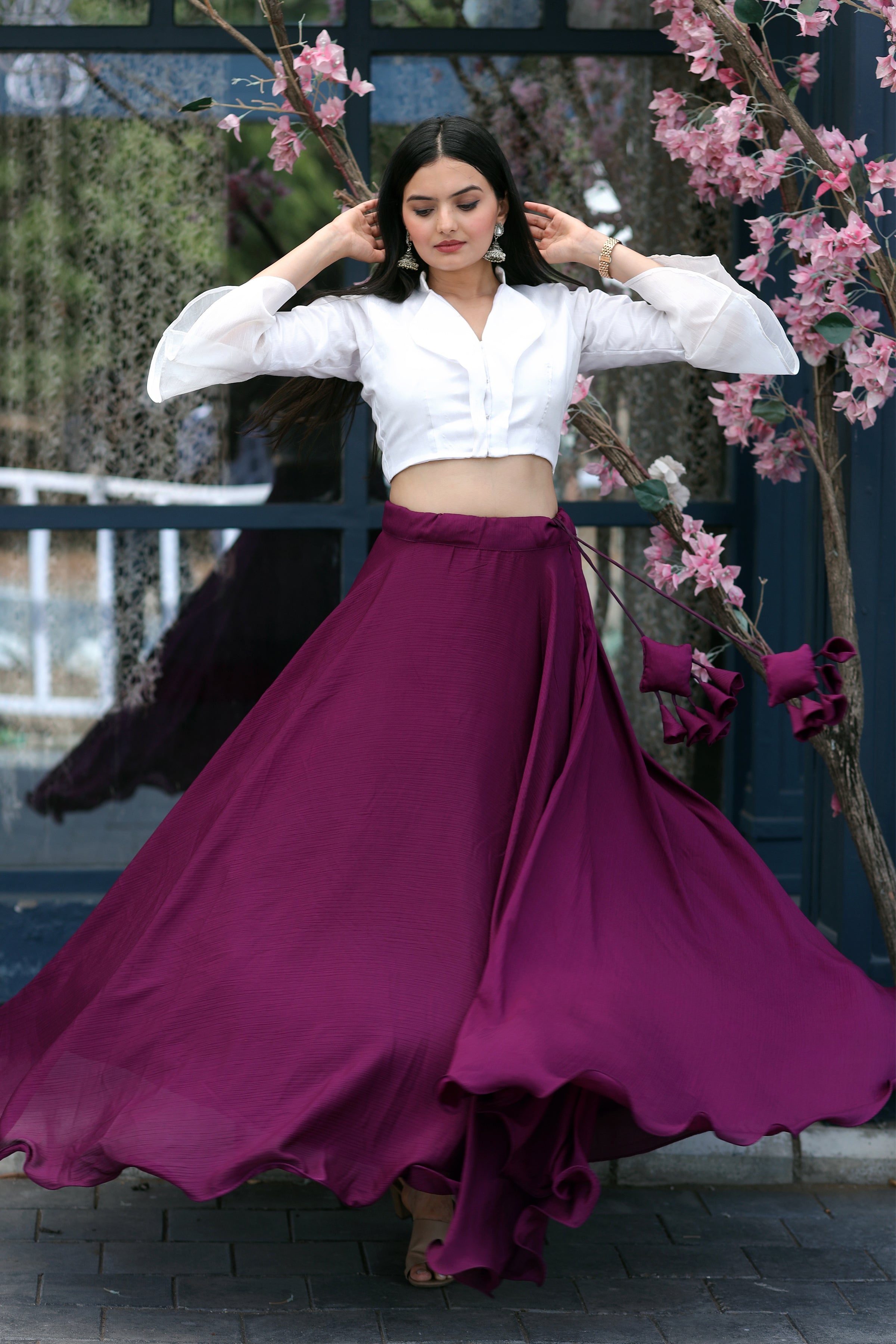 Heavy Chinnon Wine Lehenga with Designer Phantom Silk Blouse | Full-Stitched | 8.5 Mtr Flair