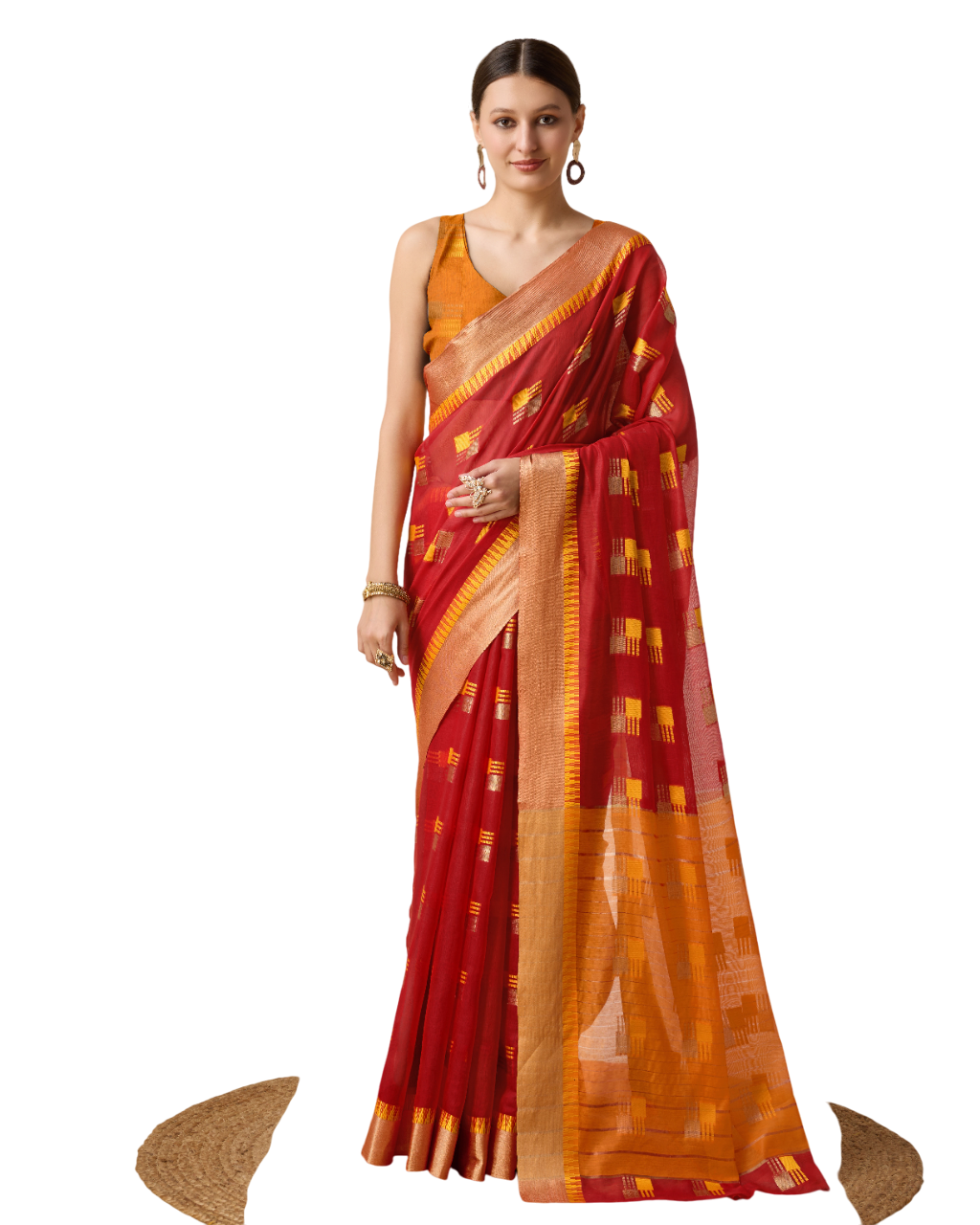 Banarasi Elegance in Breathable Semi Cotton Red Saree –For All Wedding Celebrations