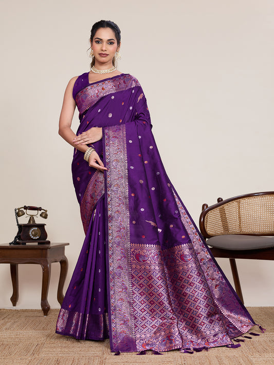 Elegant Dark Purple Pure Jacquard Designer Zari Work Saree Featuring With Traditional Woven Border  With Unstiched Blouse Piece