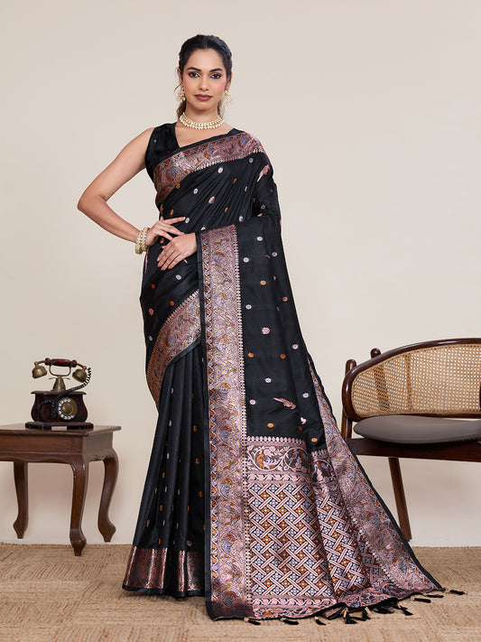Elegant Black Pure Jacquard Designer Zari Work Saree Featuring With Traditional Woven Border  With Unstiched Blouse Piece