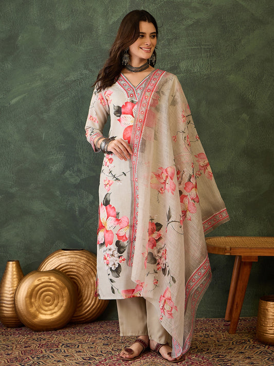 Cream Floral Printed Kurta Set with Dupatta