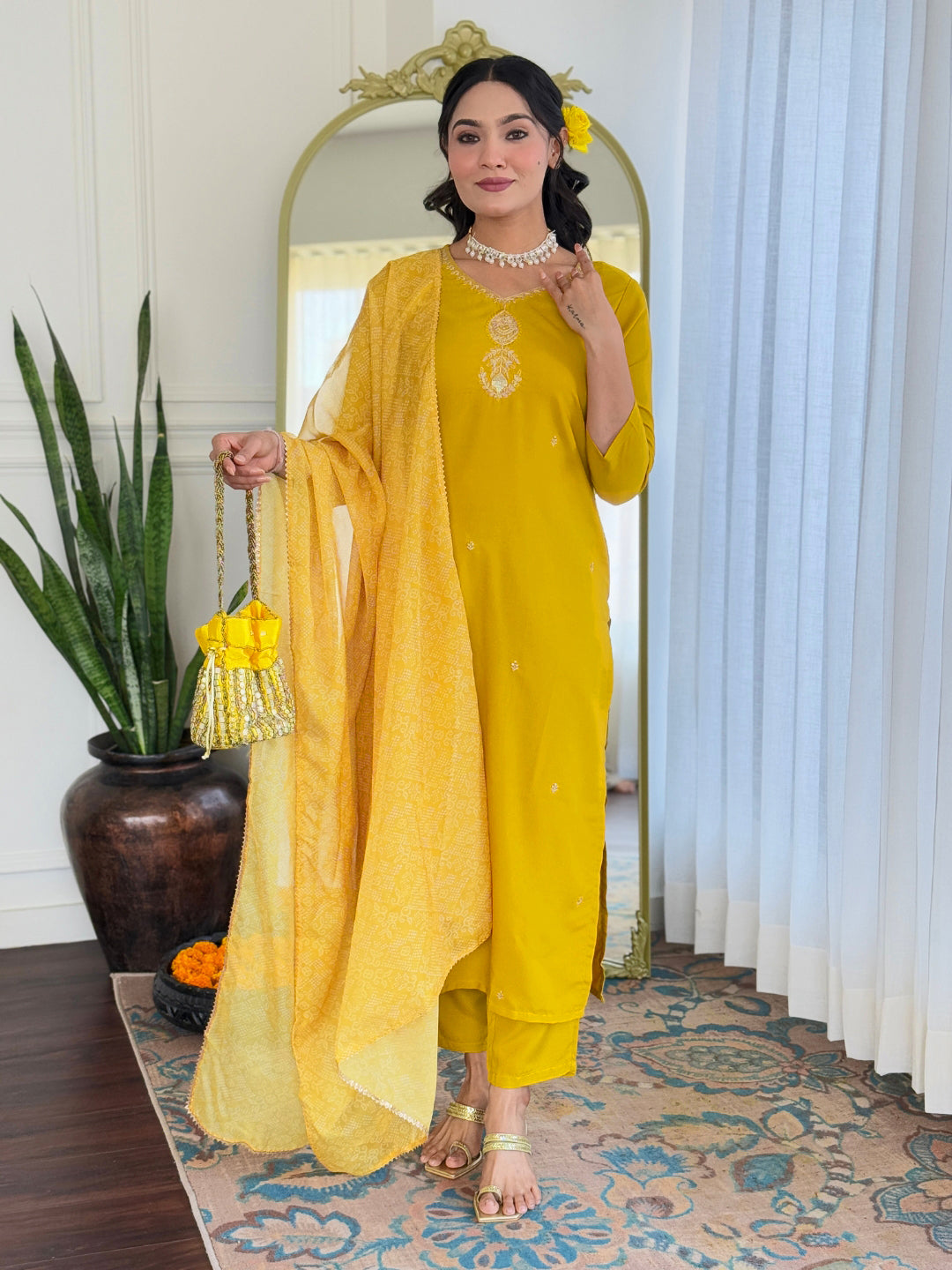 Elegant Yellow Embroidered Rayon Kurti Set with Dupatta – Sizes S to 2XL