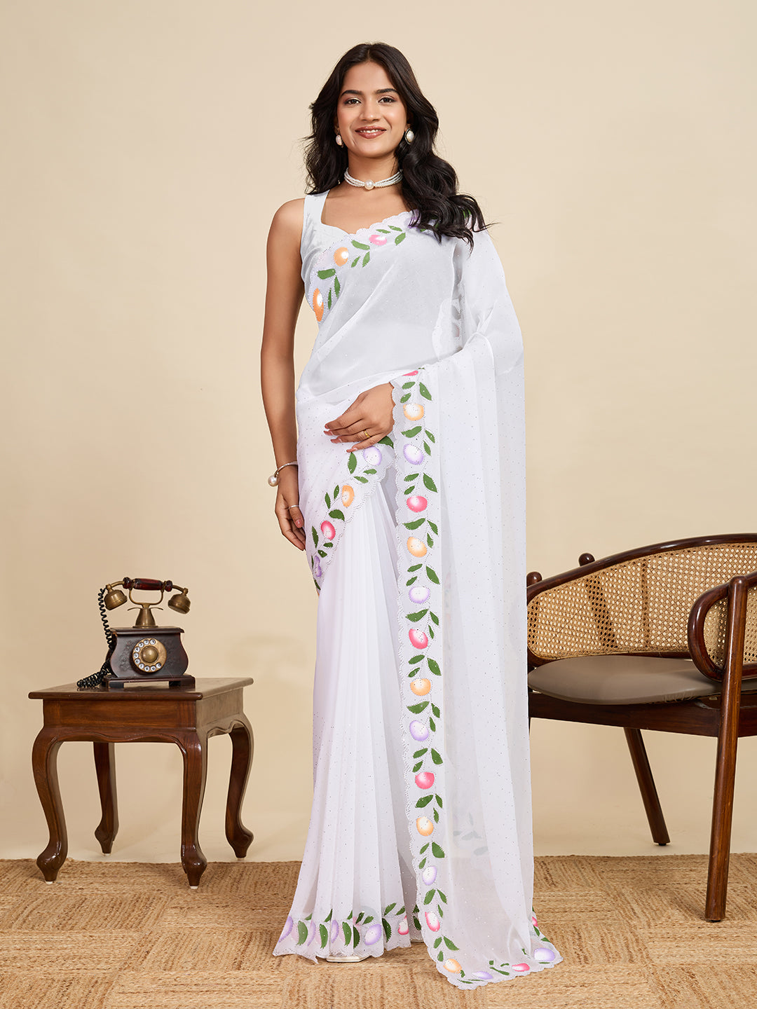 White Georgette Soft Saree with Floral Brush Print & Intricate Border – Elegant Pastel Saree for Festive & Daily Wear