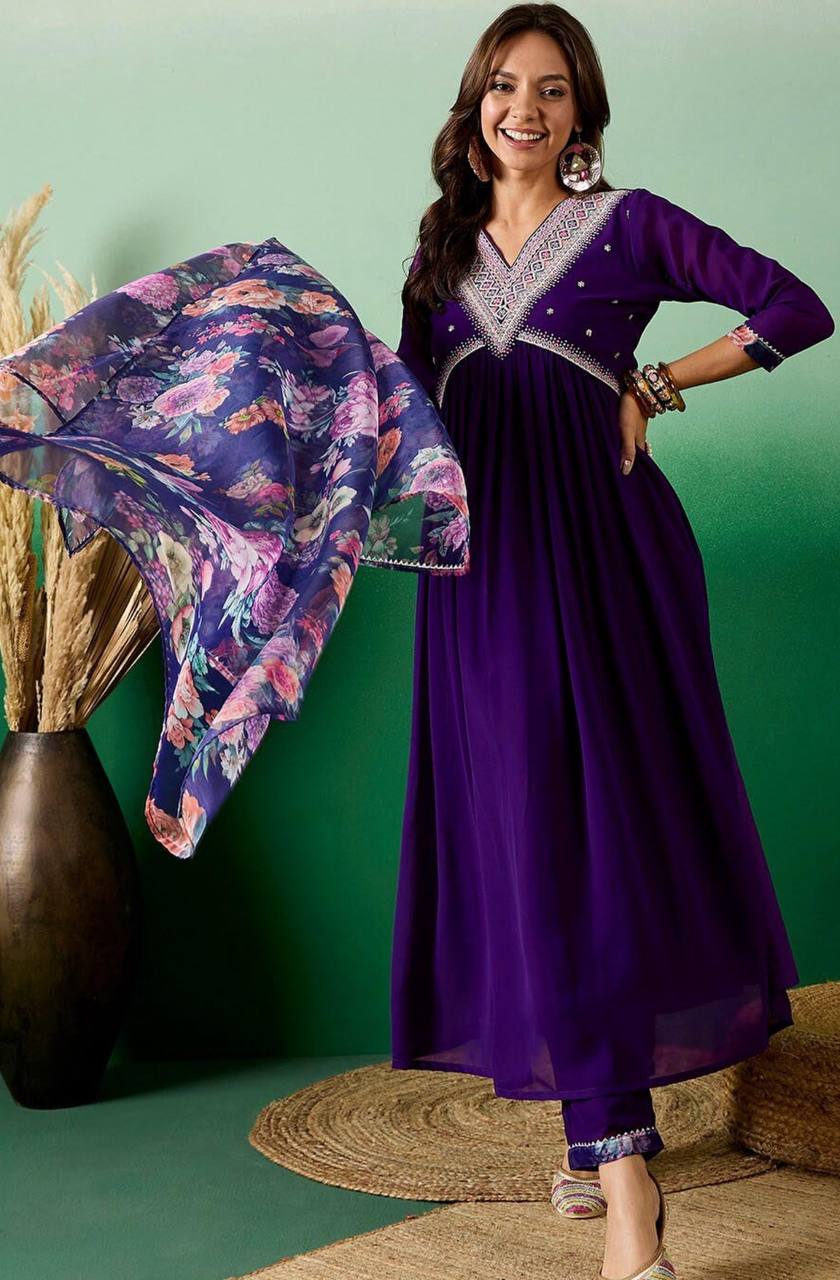 Women’s Purple Blooming Georgette Kurta Set with Sequin Embroidery Work