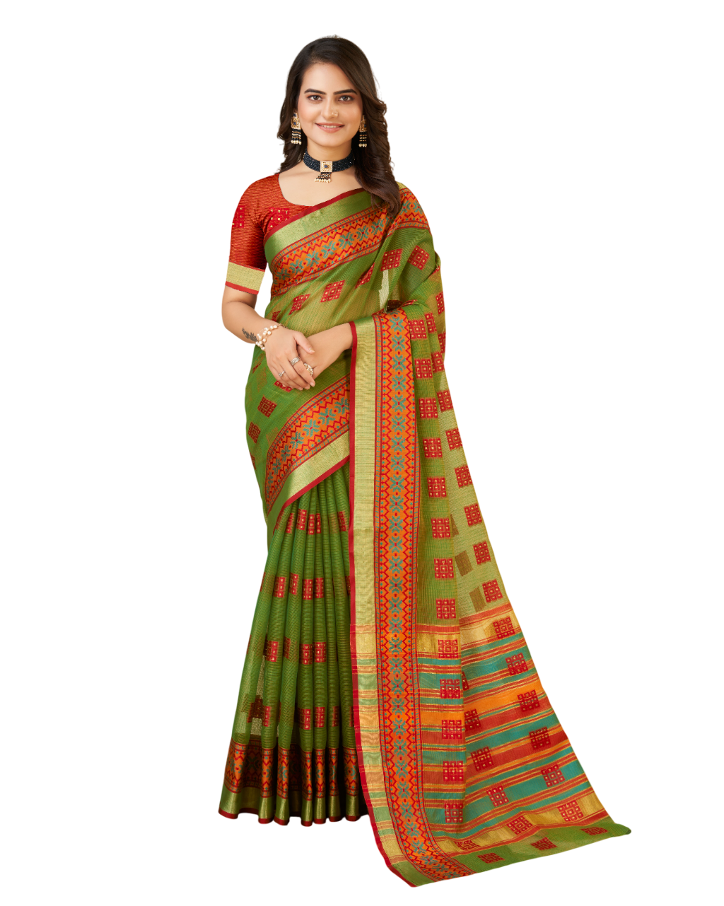 Banarasi Elegance in Breathable Semi Cotton Green Saree –For All Wedding Celebrations