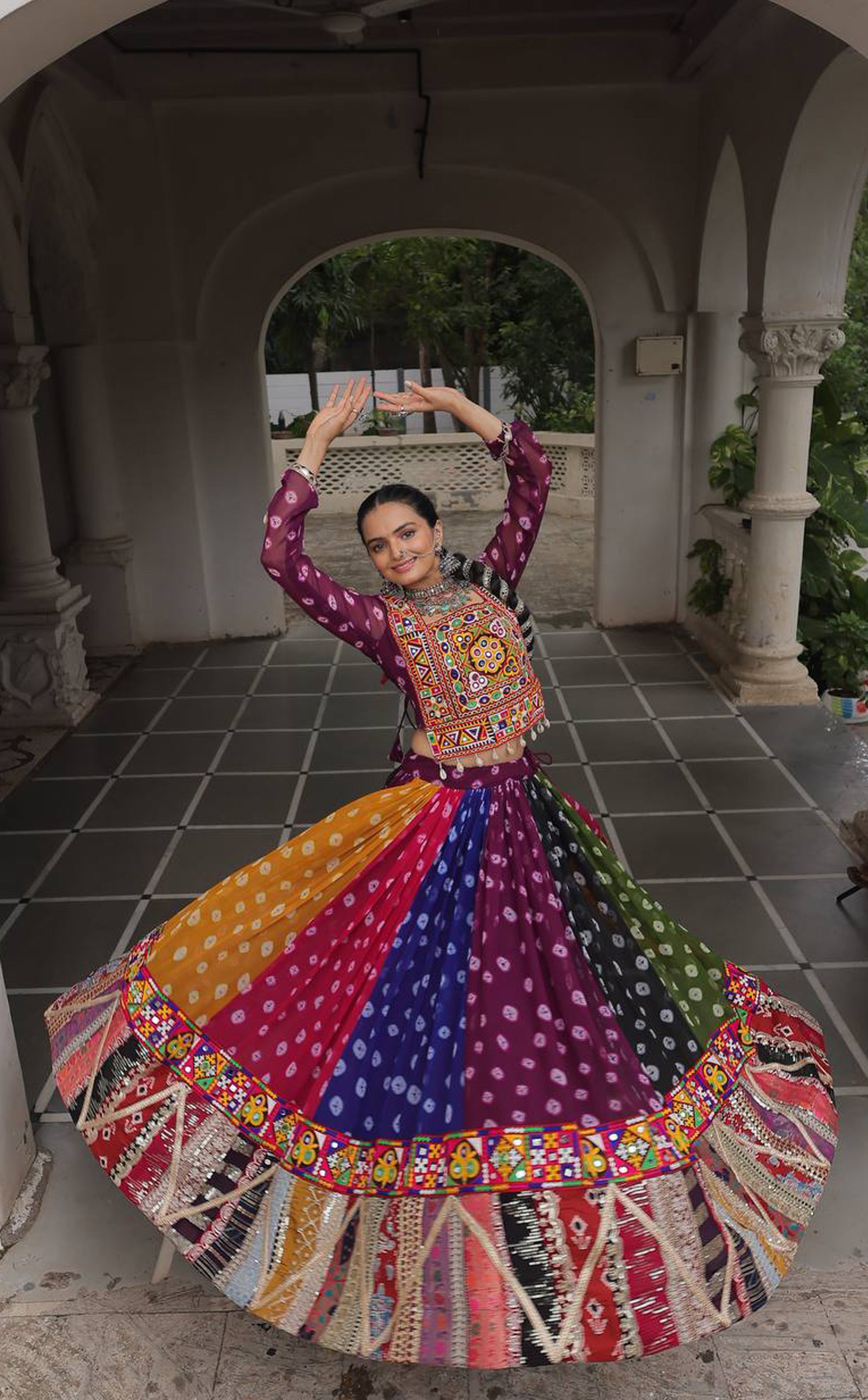 Georgette Printed Lehenga Choli Set with Vintage & Kutchi Gamthi Embellished Work (Full-Stitched)