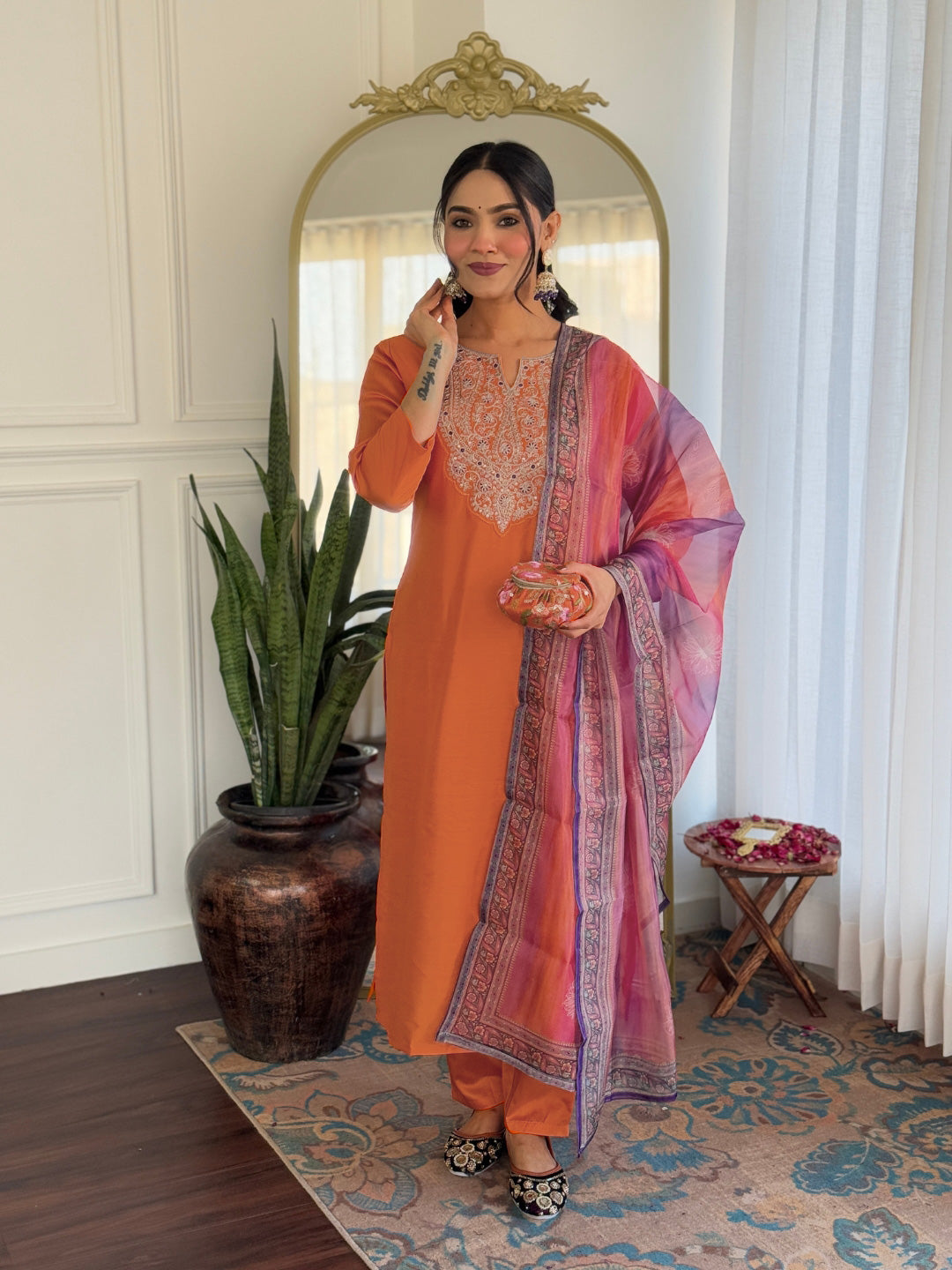 Bright Orange Embroidered Rayon Kurti Set with Taby Dupatta – Sizes S to 2XL