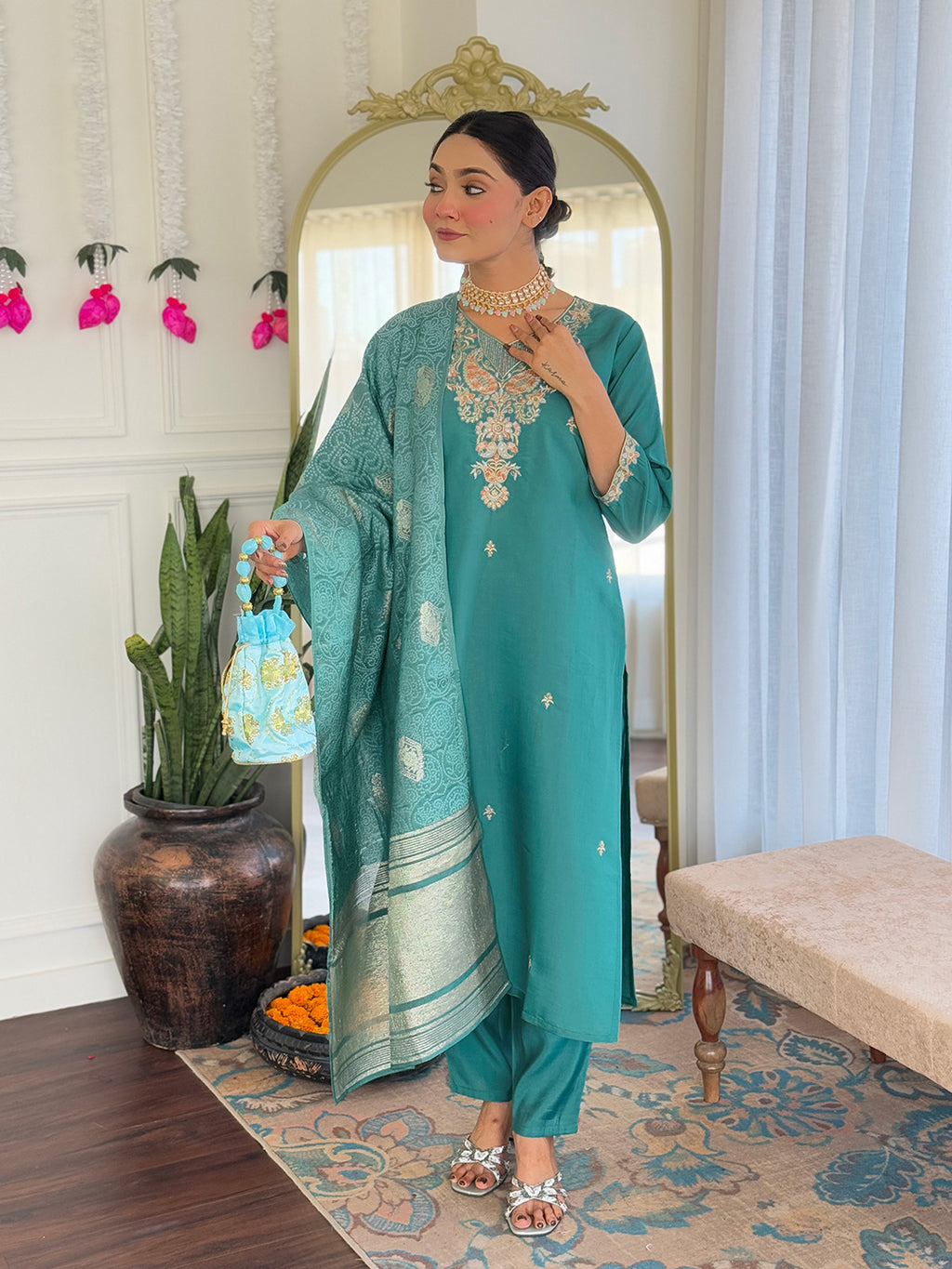 Women’s Teal Pure Viscose Chanderi Kurta Set with Sequin Embroidery Work
