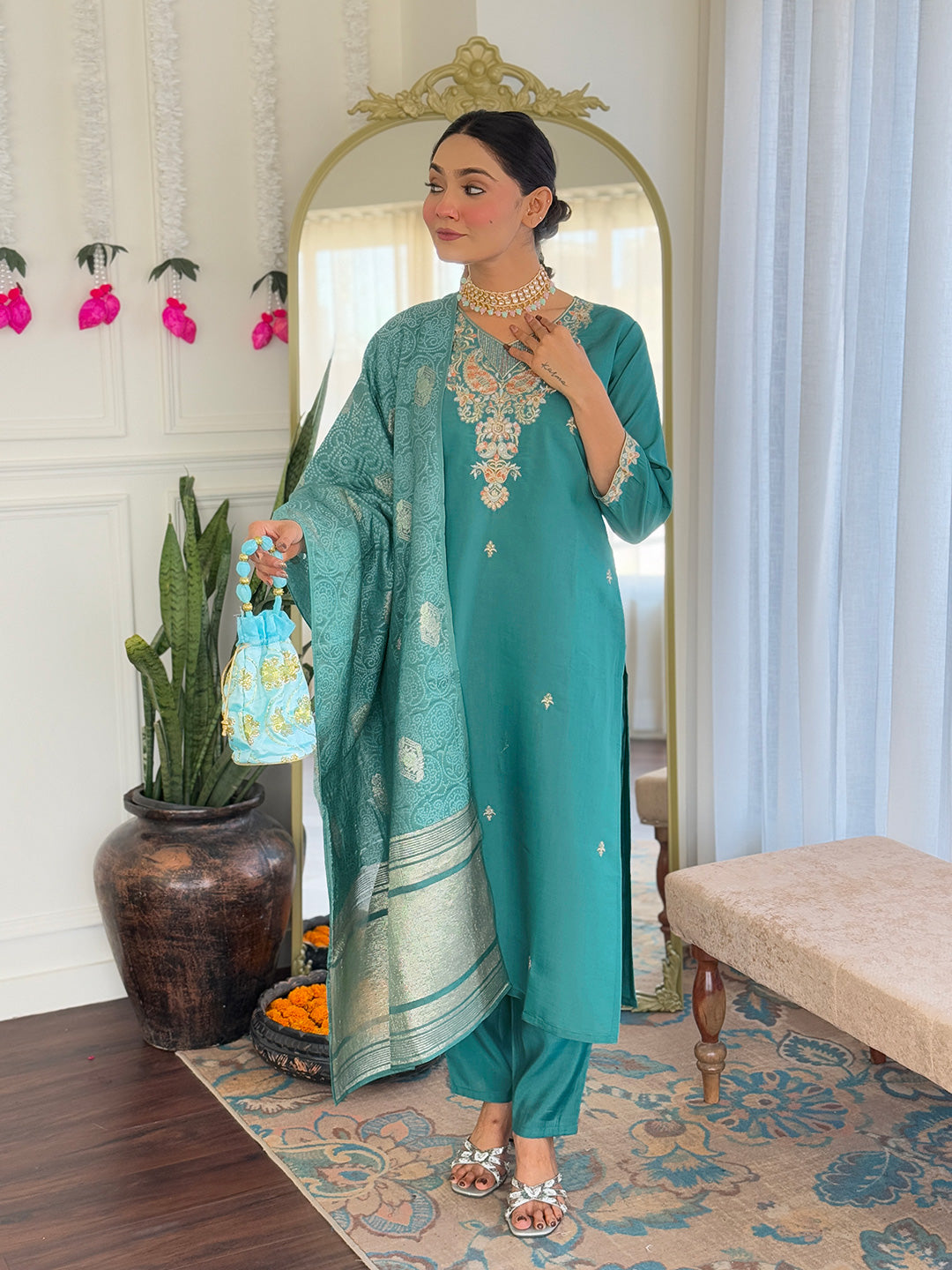 Women’s Teal Pure Viscose Chanderi Kurta Set with Sequin Embroidery Work