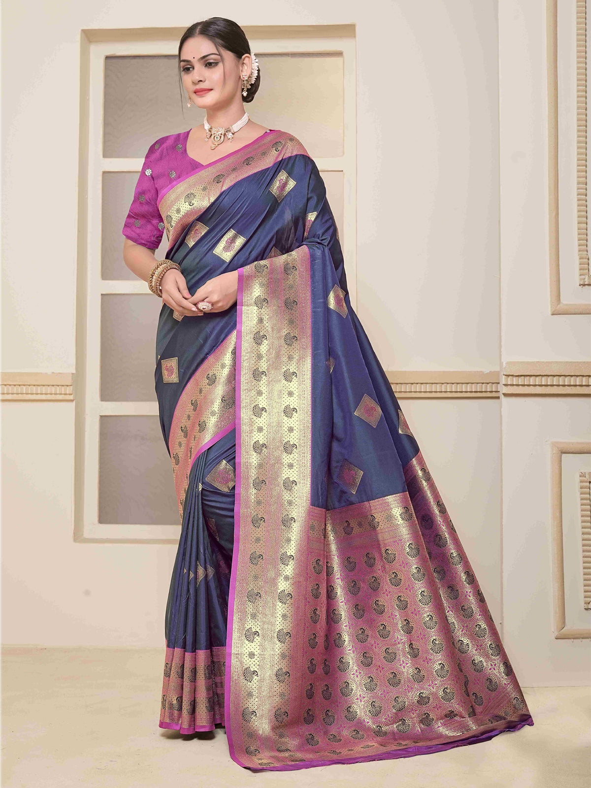 Navy Blue Art Silk Saree for Women – Elegant Ethnic Wear