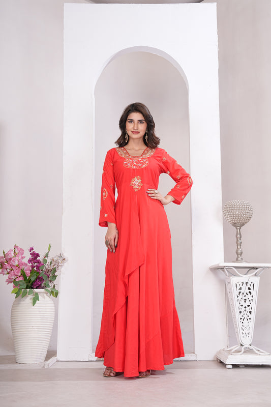 Women Stylish Red Embroidered Muslin Gown