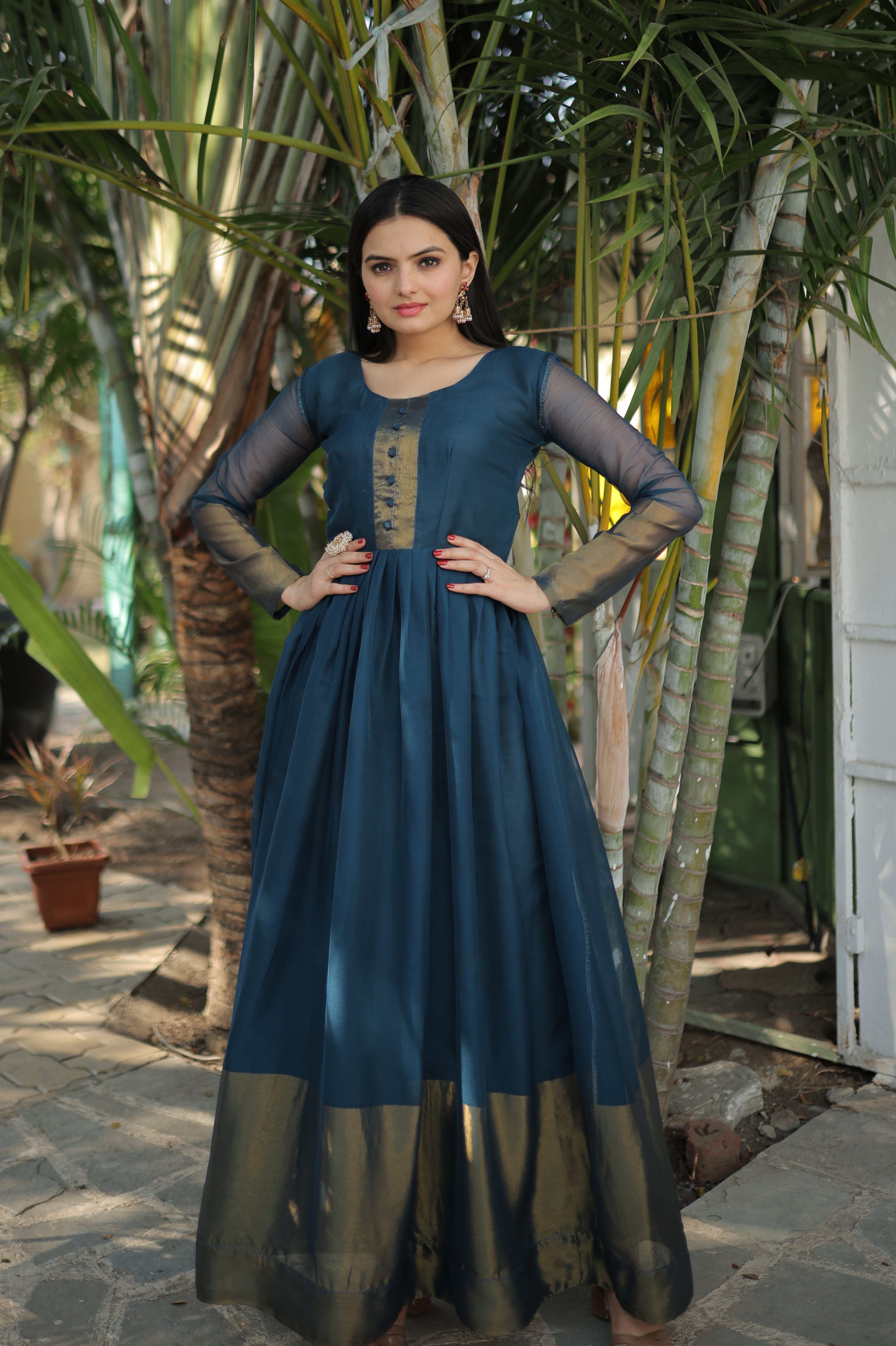 Elegant Chiffon Rama Gown with Golden Zari Patta – Full Sleeves | 4 Colors | Sizes S to XXL