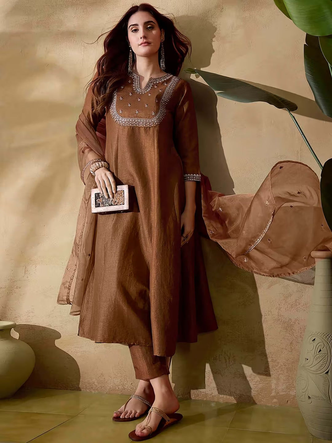 Women’s Brown Pure Vichitra Silk Kurta Set with Sequin Embroidery Work