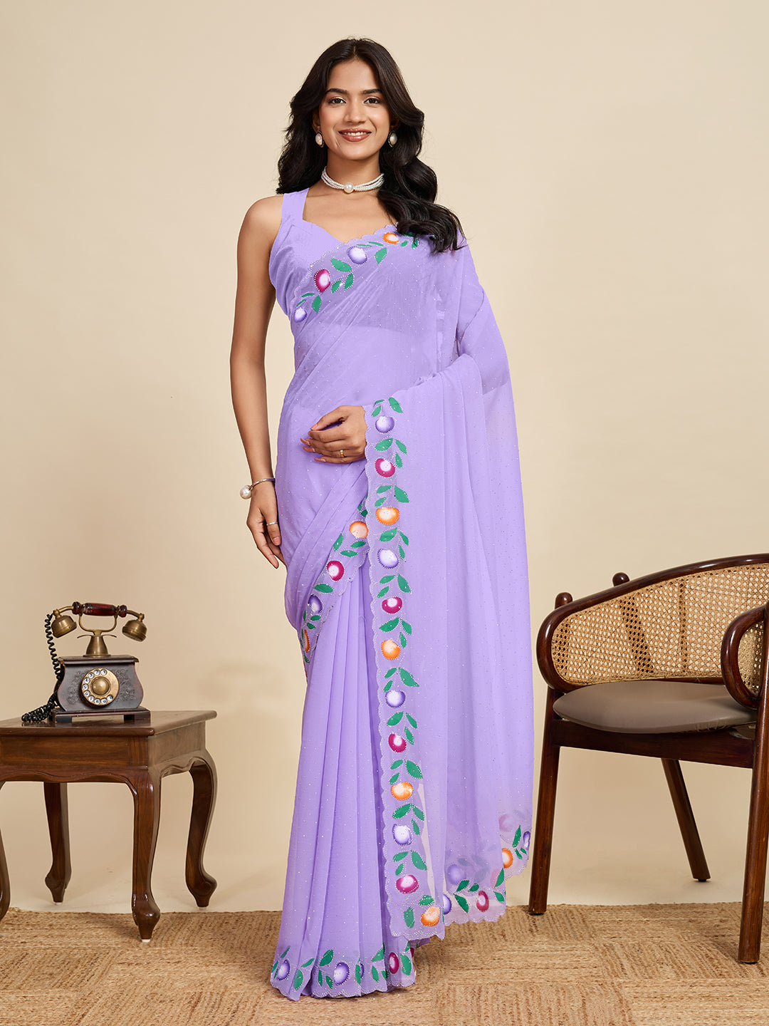 Lavender Georgette Soft Silk Saree with Floral Brush Print & Intricate Border – Elegant Pastel Saree for Festive & Daily Wear (Copy)