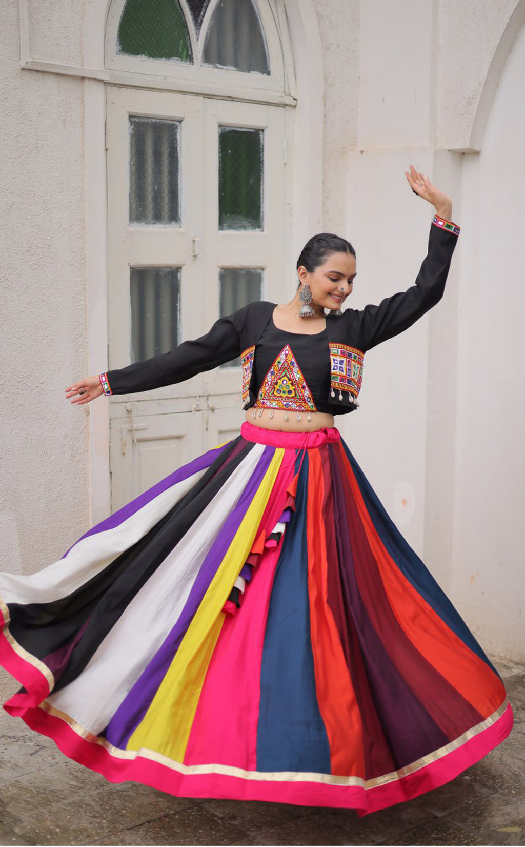 Roman Fabric Koti Style Lehenga Choli Set with 27 Kali Flair, Gamthi Embroidery & Mirror Work (Full-Stitched)