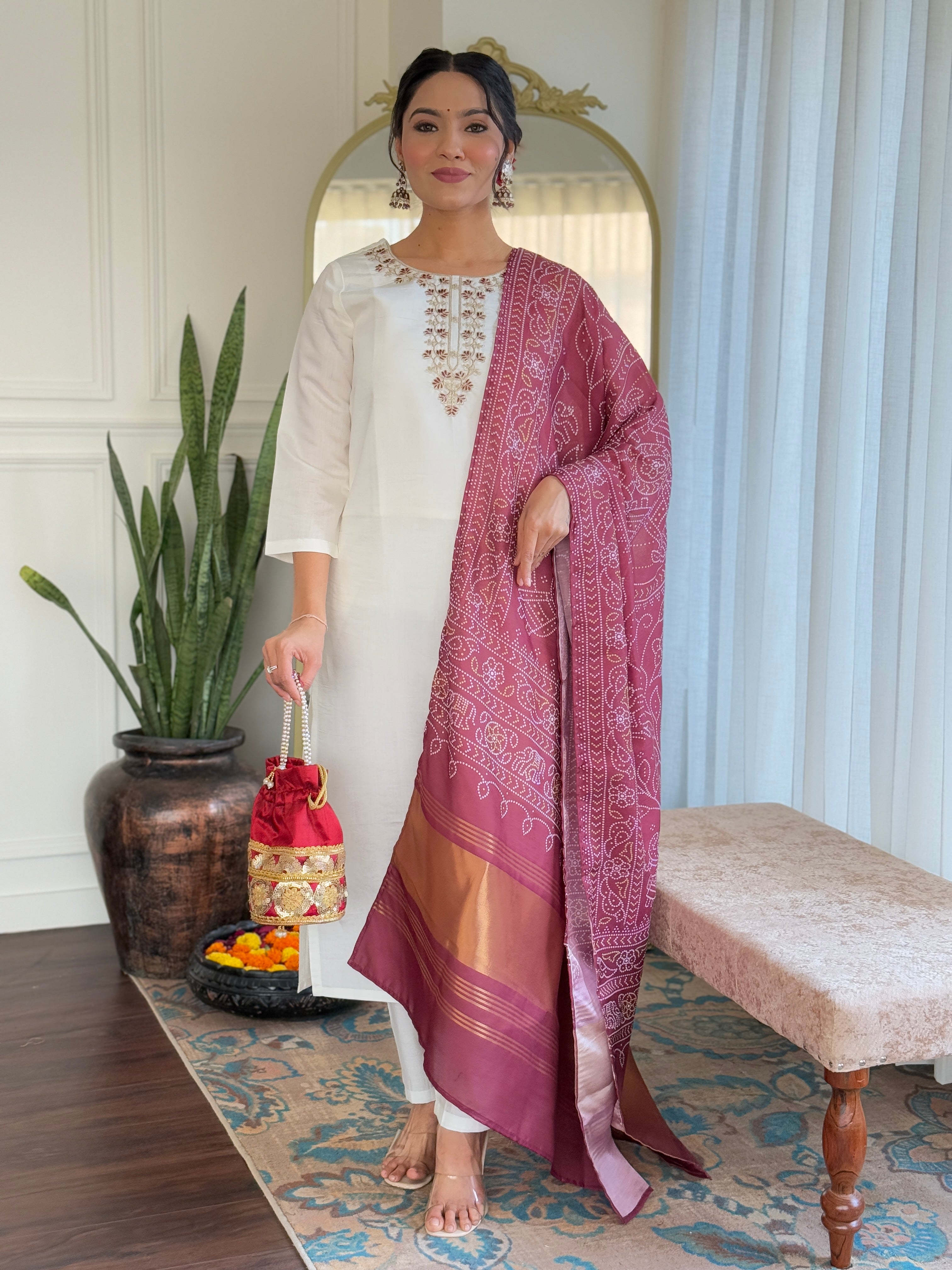 Women’s White Viscose Chanderi Kurta Set with Sequin & Coding Embroidery Work