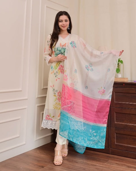 Women’s Beige Ethnic Nylon Tabby Set Adorned with Sequin Embroidery
