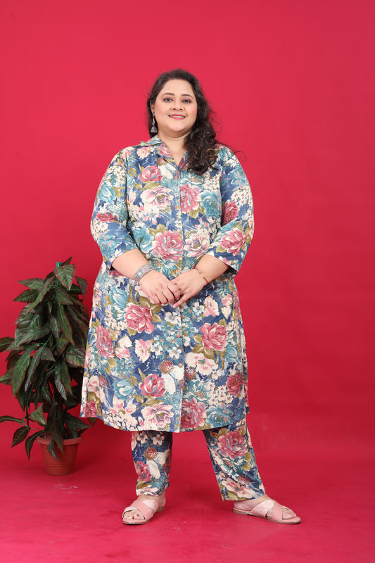 Women's Plus Size Rayon Blue Floral Printed Co-Ord Set With Pant