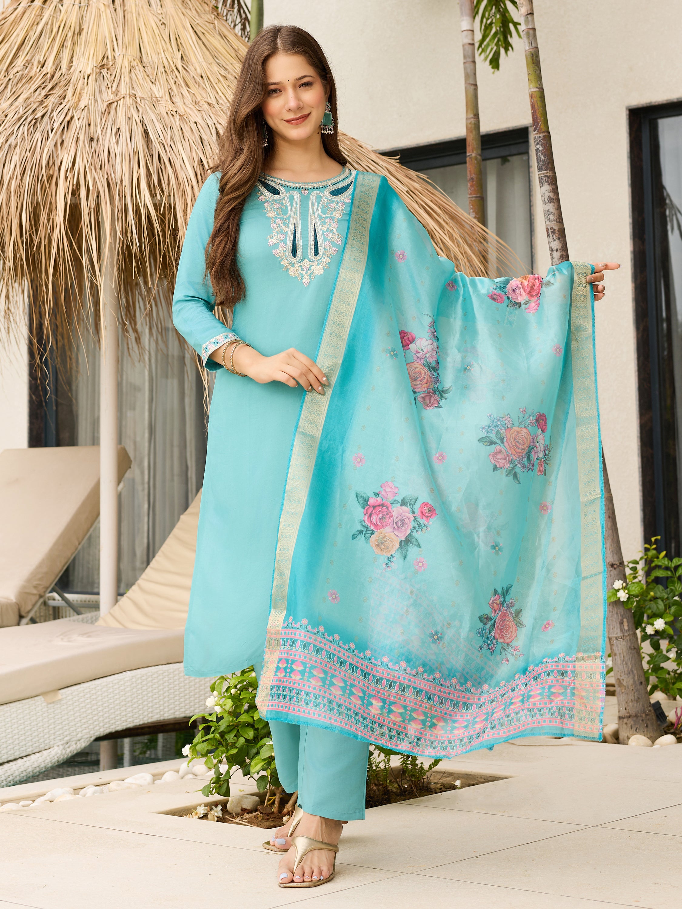 Elegant Sky Blue Embroidered Viscose Kurti Set with Organza Dupatta – Sizes S to 2XL