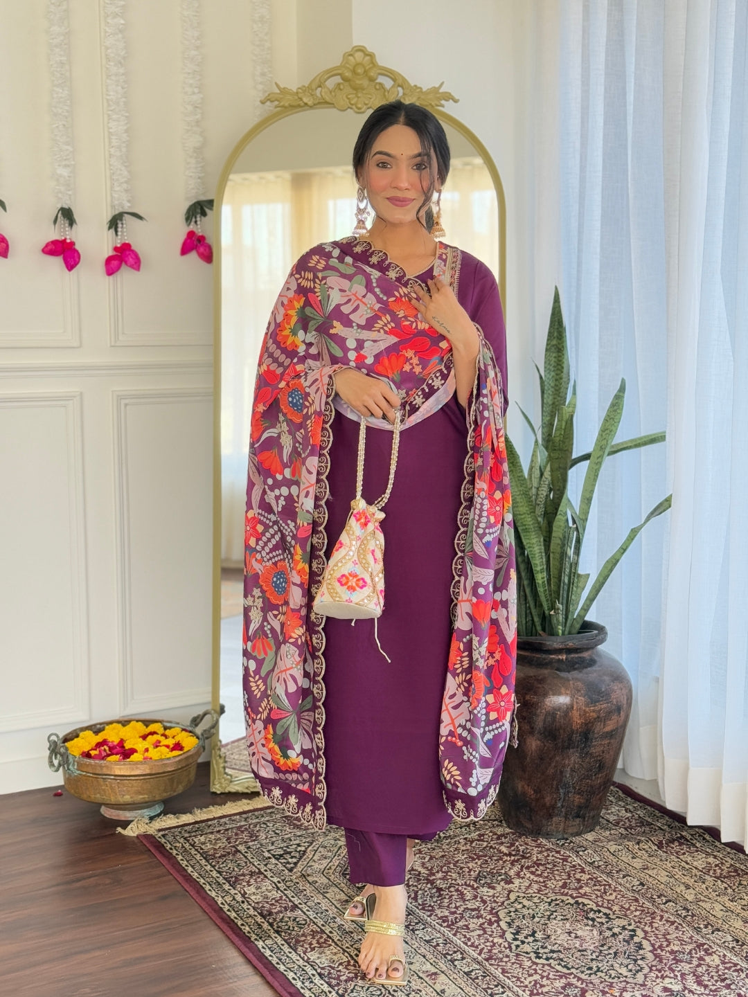 Women’s Purple Pure Viscose Chanderi Kurta Set with Sequin & Coding Embroidery