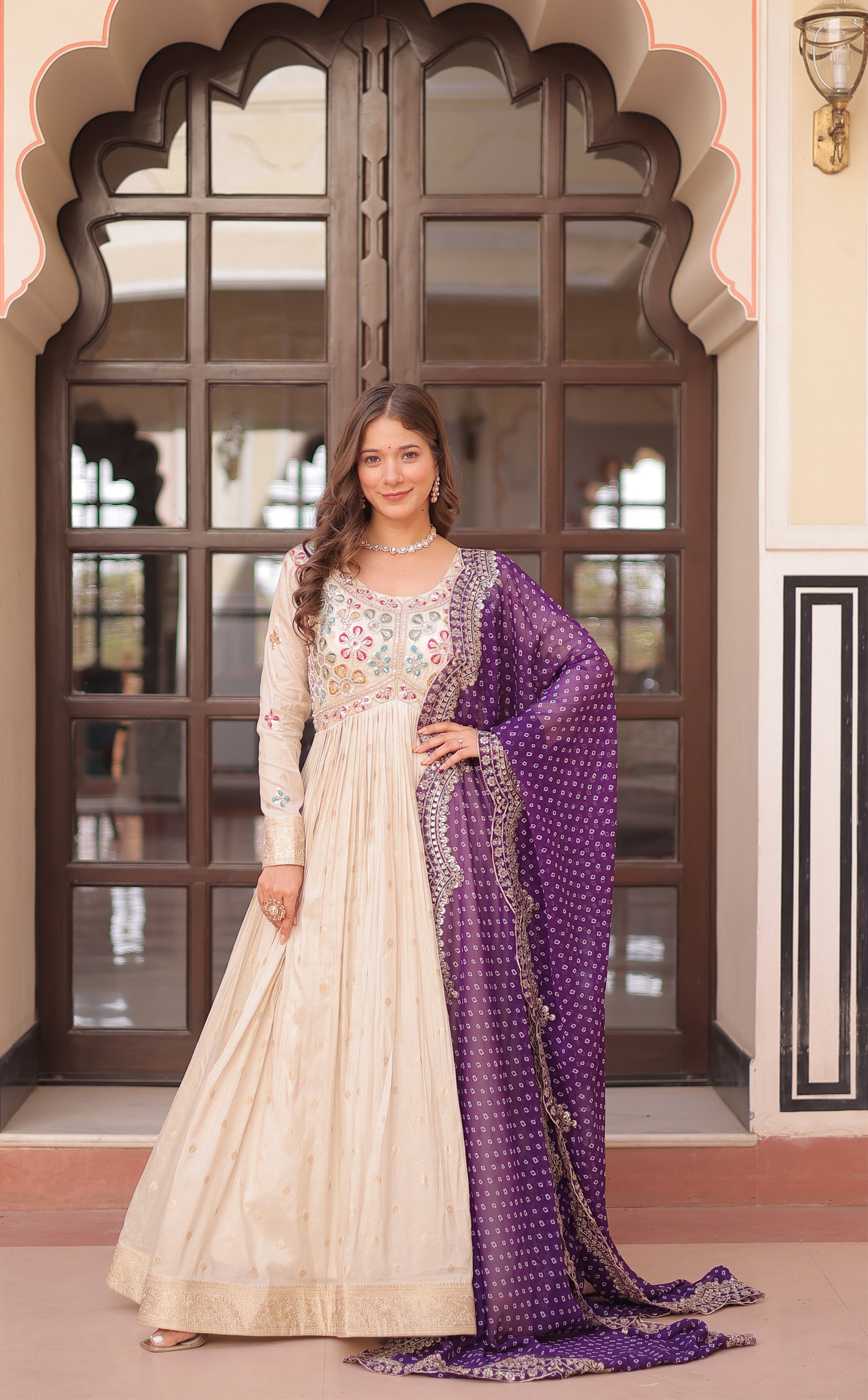 Cosmos Jacquard Purple Gown with Pearl Embroidery & Bandhani Dupatta | Full Stitched | Canvas Finish