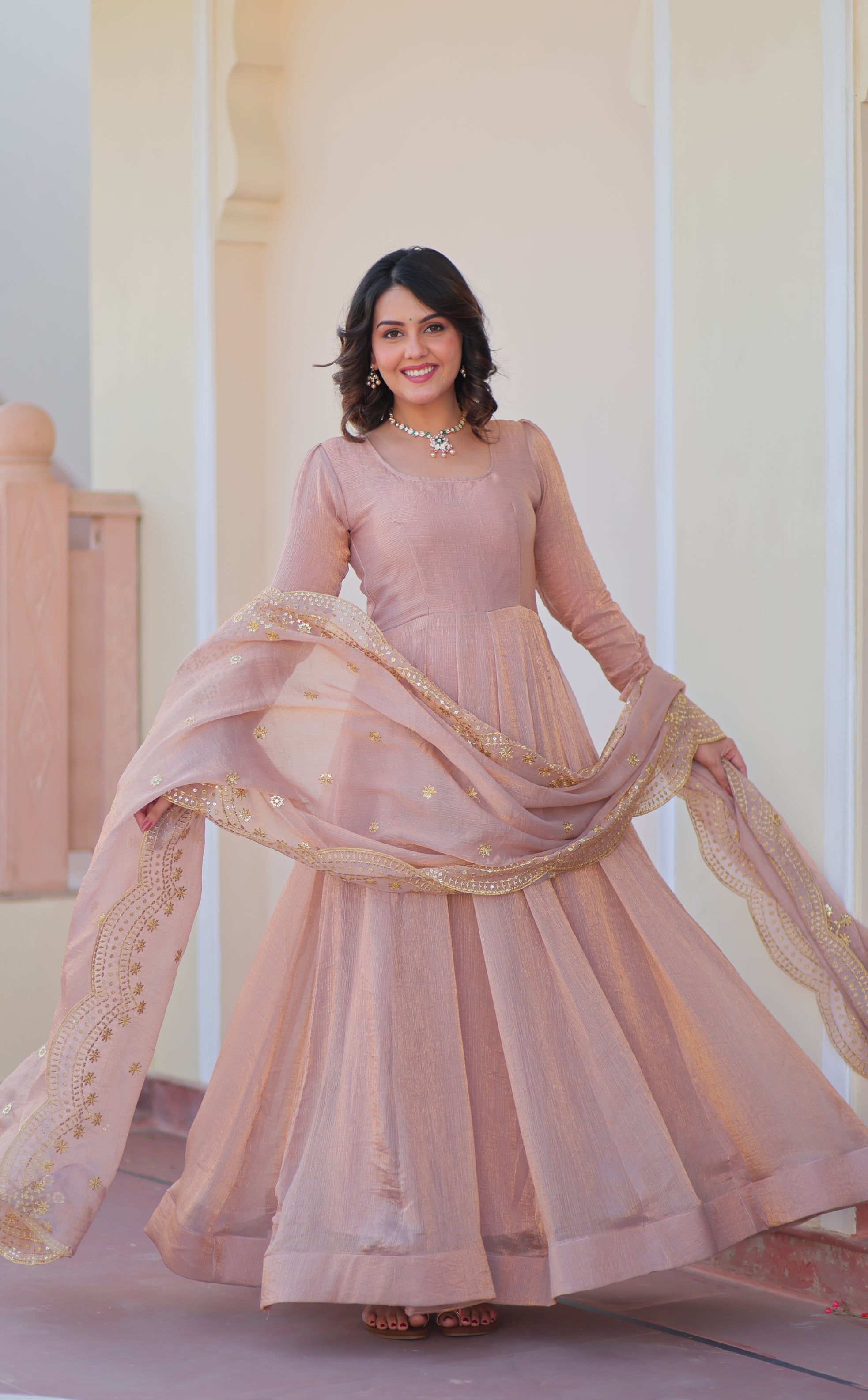 Fendy Chiffon 12-Kali Chiku Gown with Embroidered Cut-Work Dupatta | Fancy Neck | Full Stitched