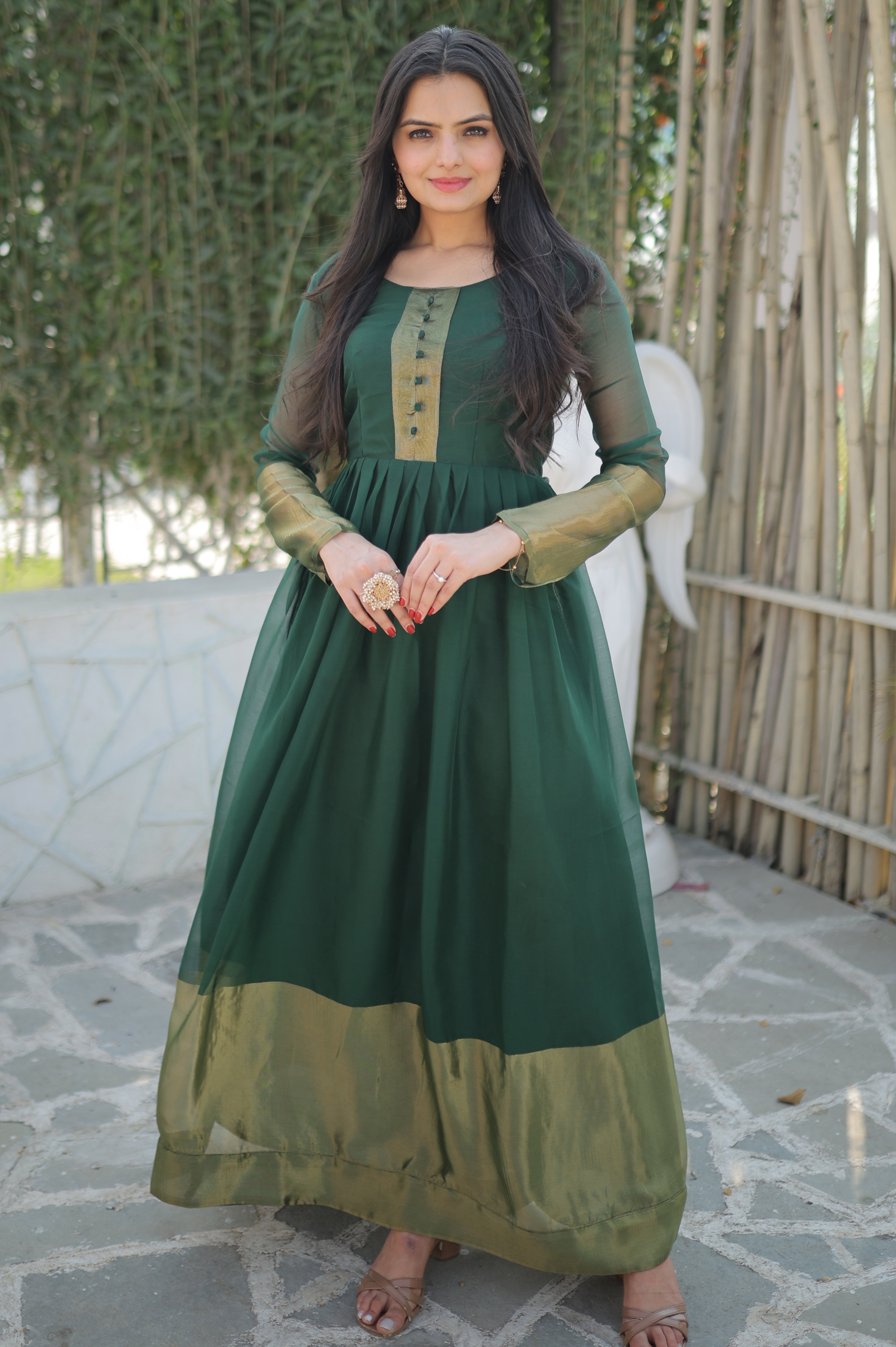 Elegant Chiffon Green Gown with Golden Zari Patta – Full Sleeves | 4 Colors | Sizes S to XXL