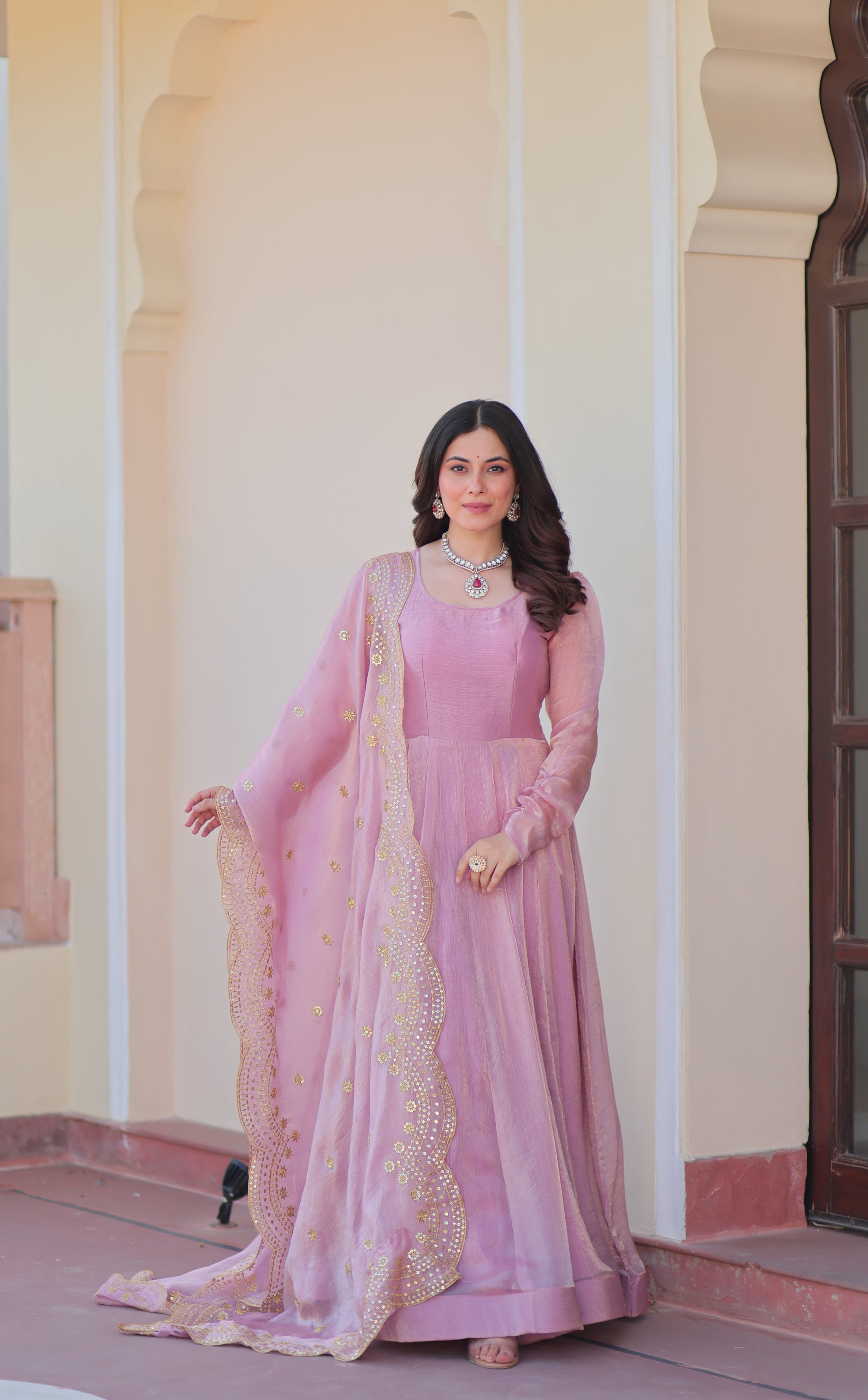 Fendy Chiffon 12-Kali Pink Gown with Embroidered Cut-Work Dupatta | Fancy Neck | Full Stitched