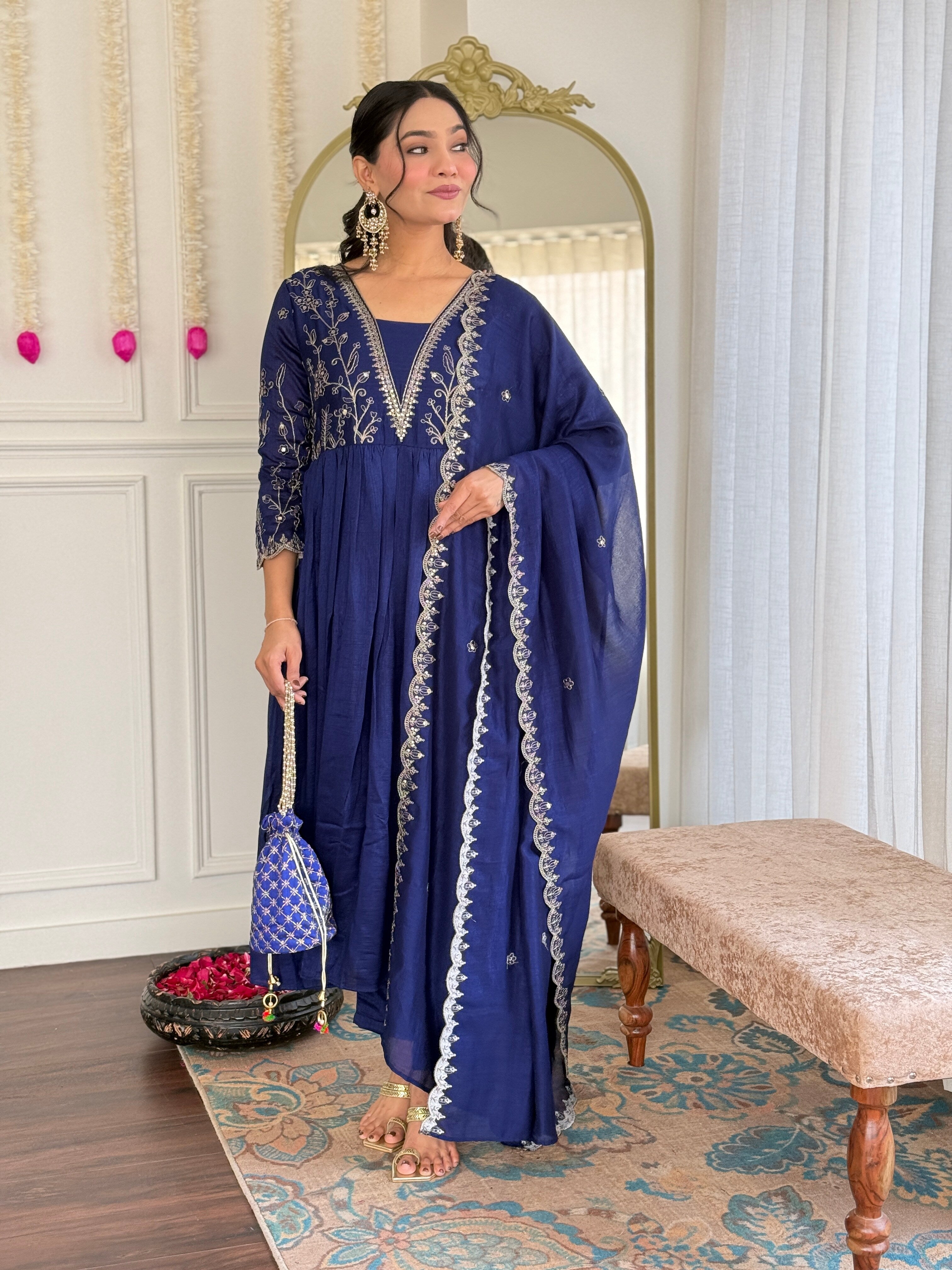 Royal Blue Embroidered Vichitra Silk Kurti Set with Dupatta – Sizes S to 2XL