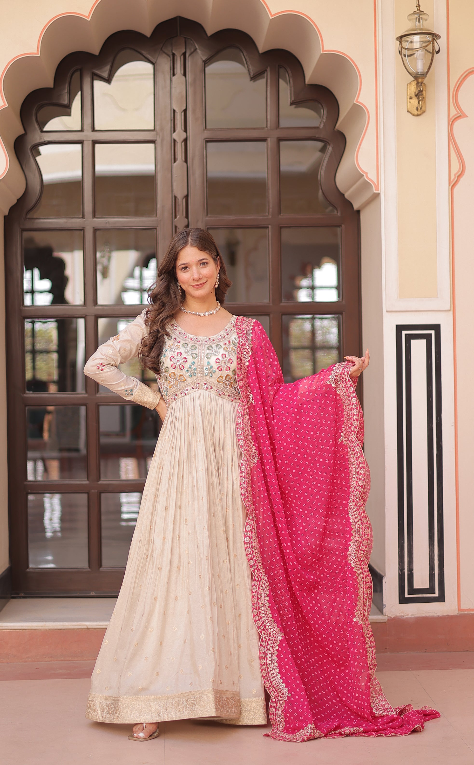 Cosmos Jacquard Pink Gown with Pearl Embroidery & Bandhani Dupatta | Full Stitched | Canvas Finish