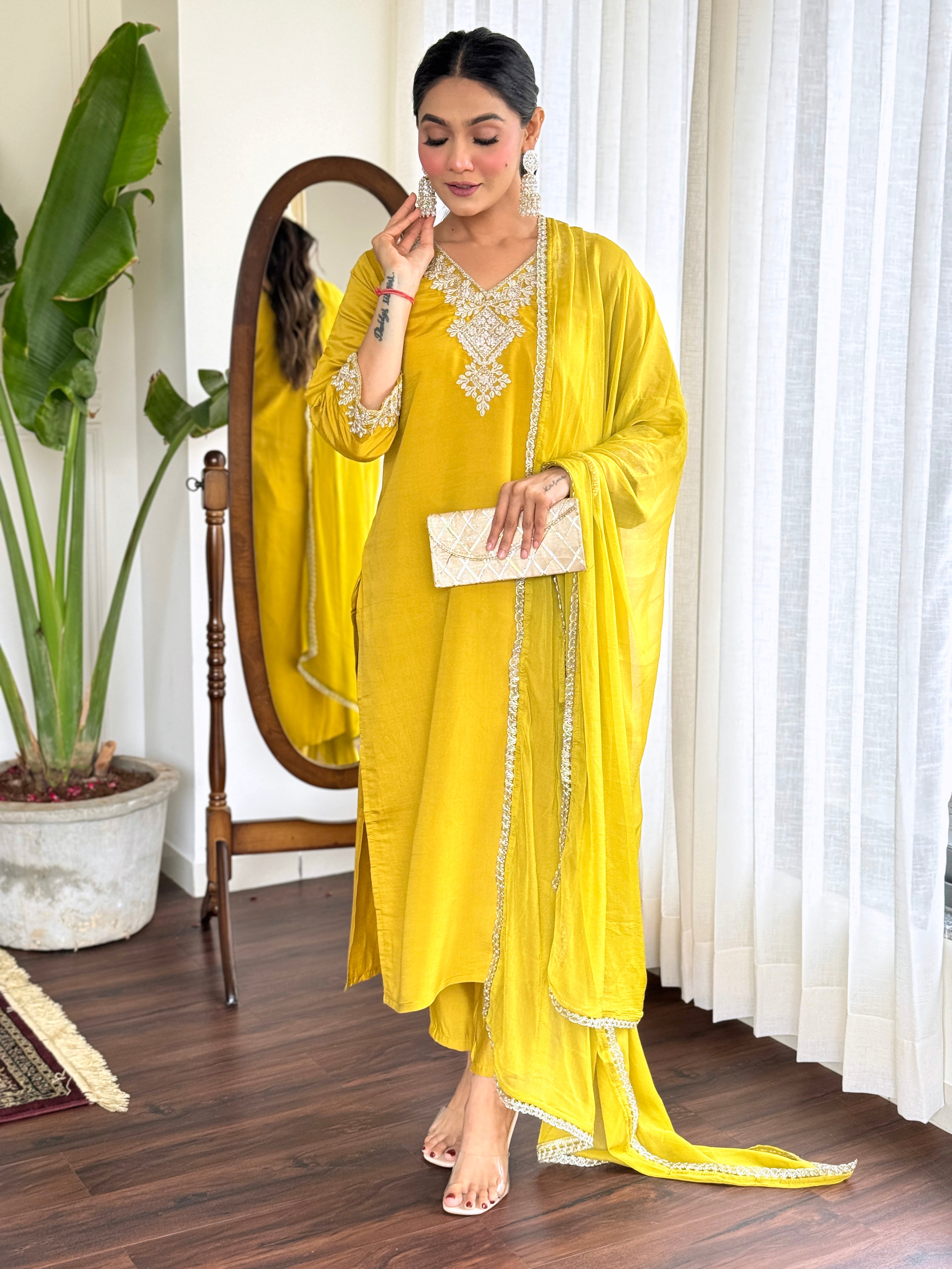 Women’s Yellow Pure Viscose Chanderi Silk Kurta Set with Sequin & Coding Embroidery