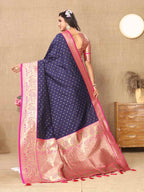 Navy Blue Soft Silk Saree with All-Over Zari Motifs, Contrast Rich Pallu & Brocade Blouse