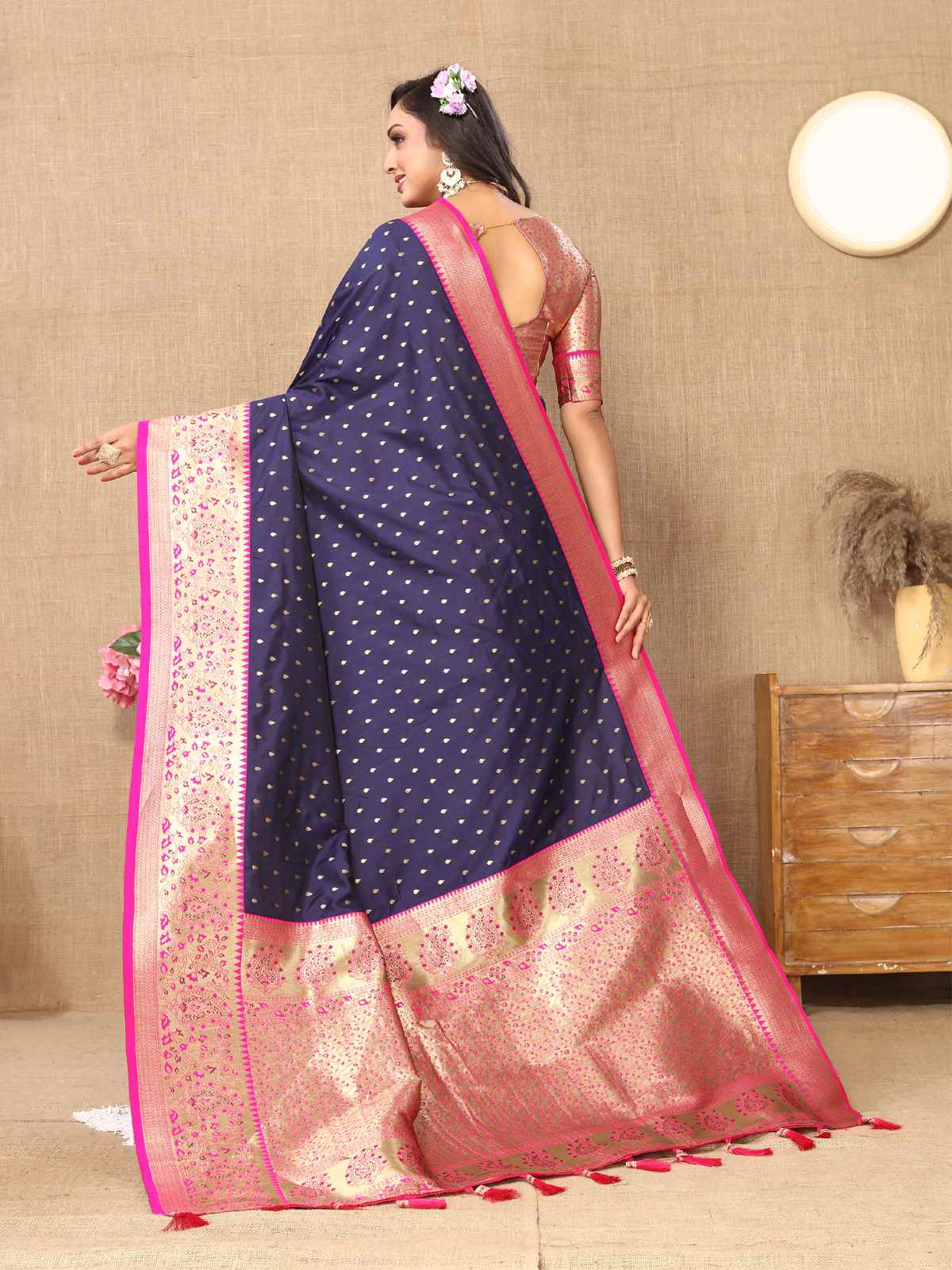 Navy Blue Soft Silk Saree with All-Over Zari Motifs, Contrast Rich Pallu & Brocade Blouse