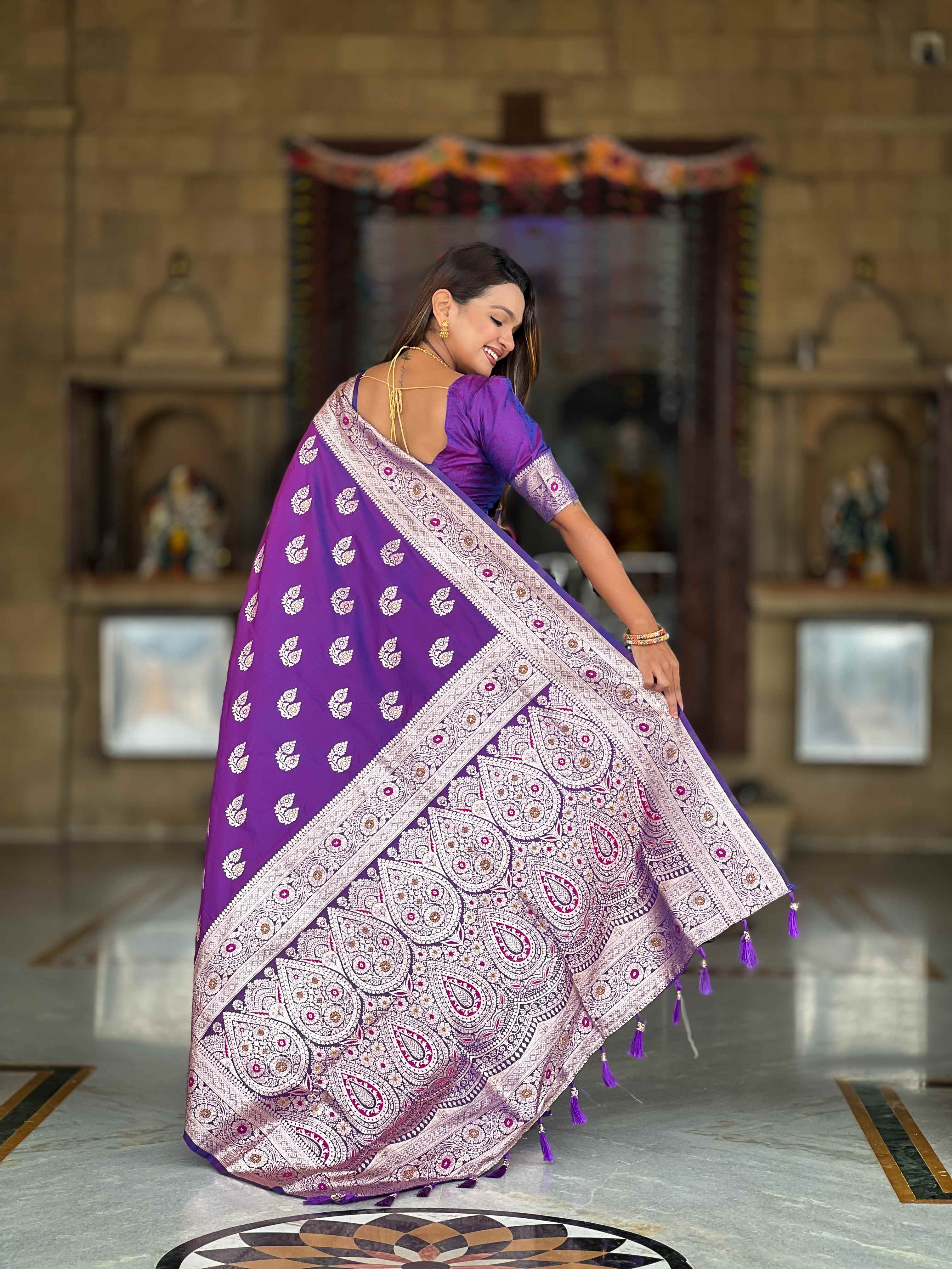 Purple Soft Banarasi Silk Saree with Meenakari Zari Work & Rich Pallu Design