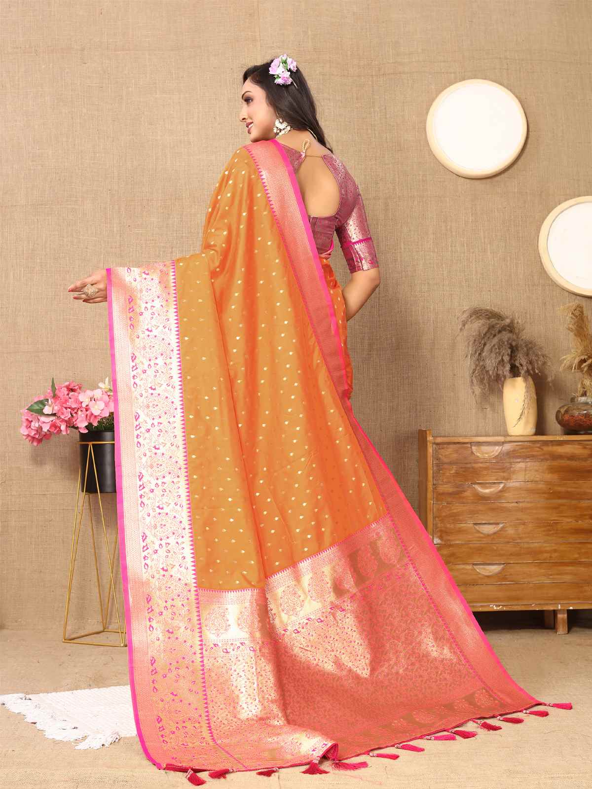 Orange Soft Silk Saree with All-Over Zari Motifs, Contrast Rich Pallu & Brocade Blouse