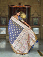 Grey Soft Banarasi Silk Saree with Meenakari Zari Work & Rich Pallu Design