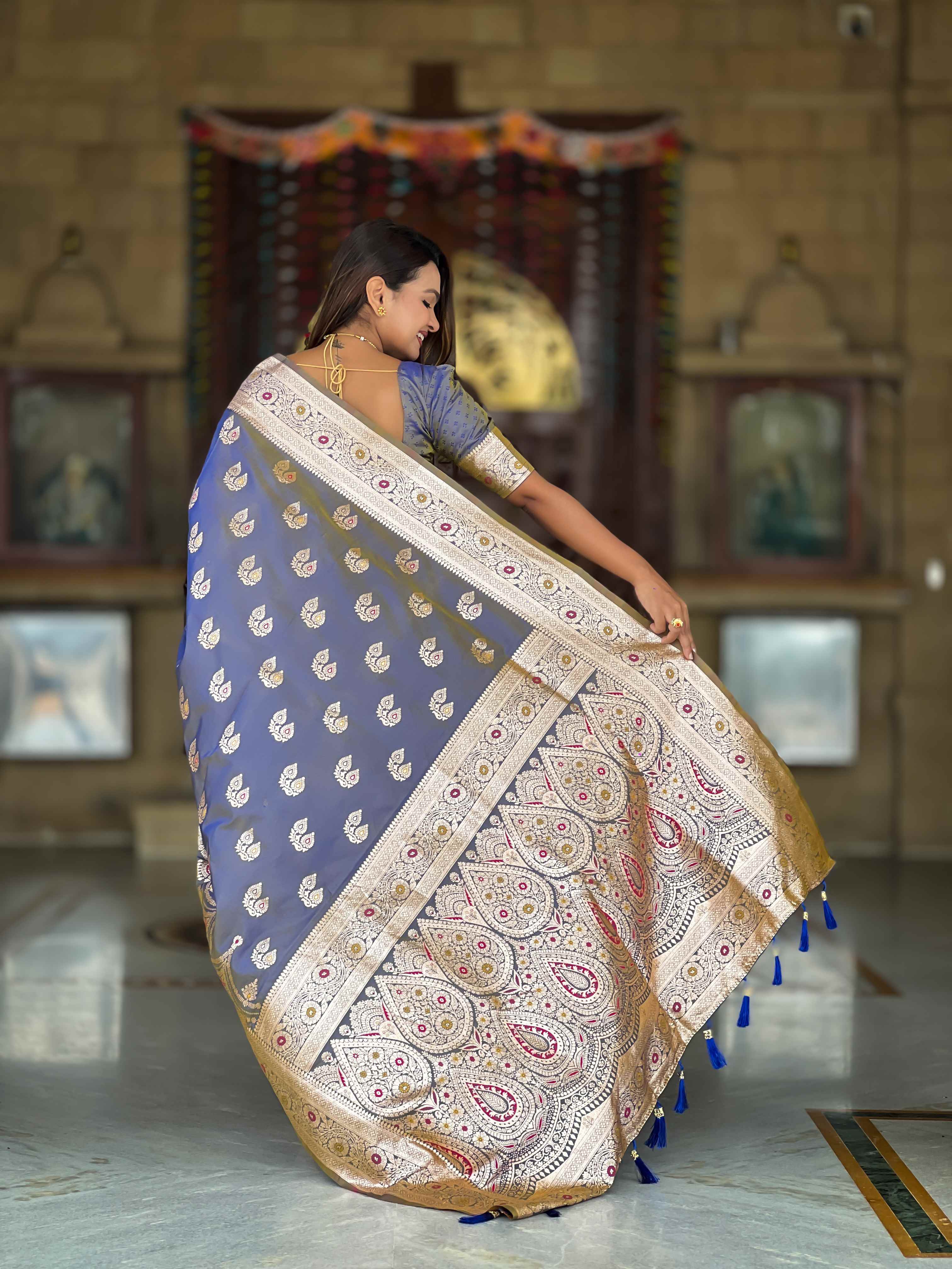 Grey Soft Banarasi Silk Saree with Meenakari Zari Work & Rich Pallu Design