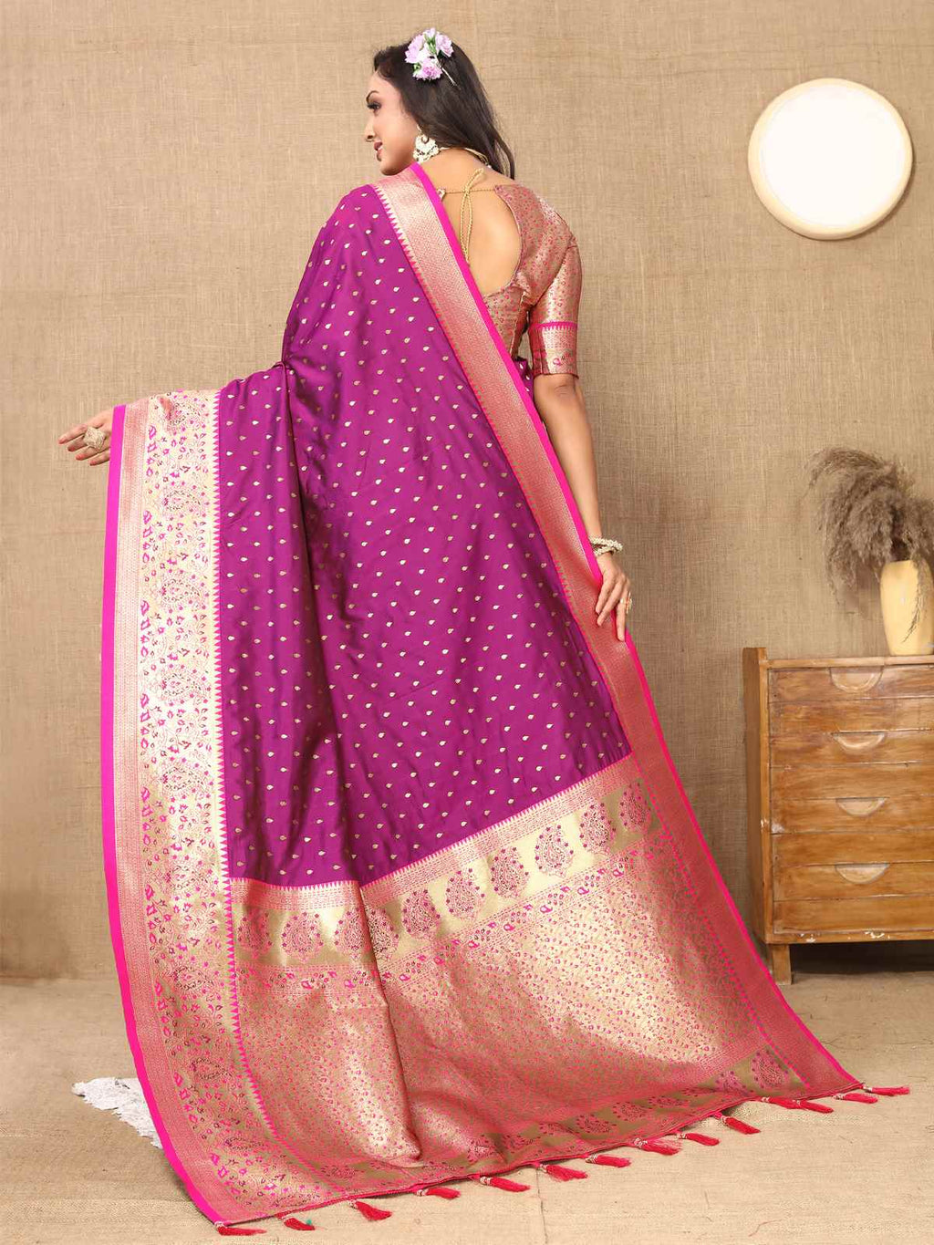Wine Soft Silk Saree with All-Over Zari Motifs, Contrast Rich Pallu & Brocade Blouse