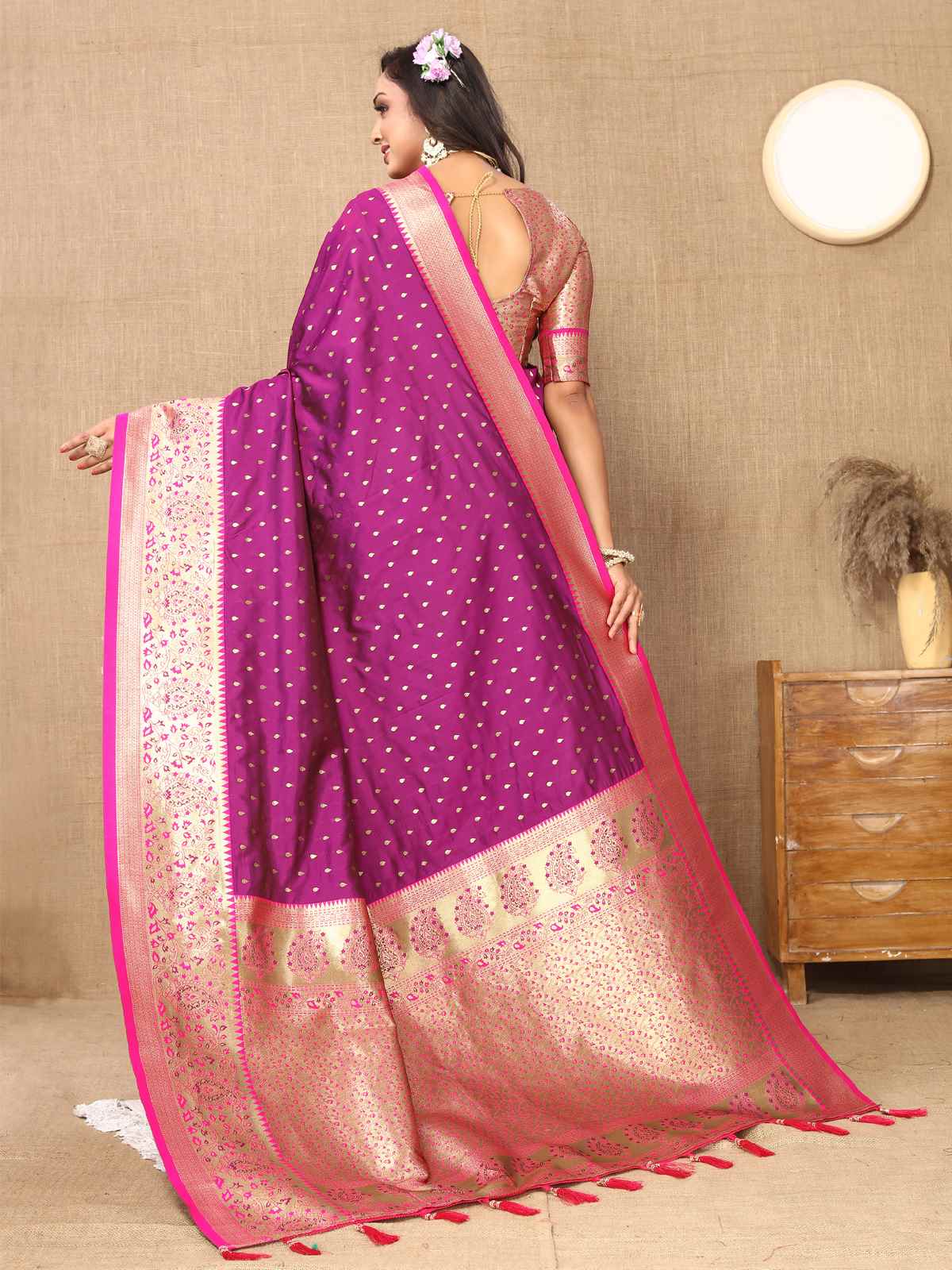 Wine Soft Silk Saree with All-Over Zari Motifs, Contrast Rich Pallu & Brocade Blouse