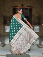 Green Soft Banarasi Silk Saree with Meenakari Zari Work & Rich Pallu Design