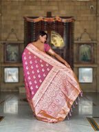 Peach Soft Banarasi Silk Saree with Meenakari Zari Weaving & Rich Pallu Design