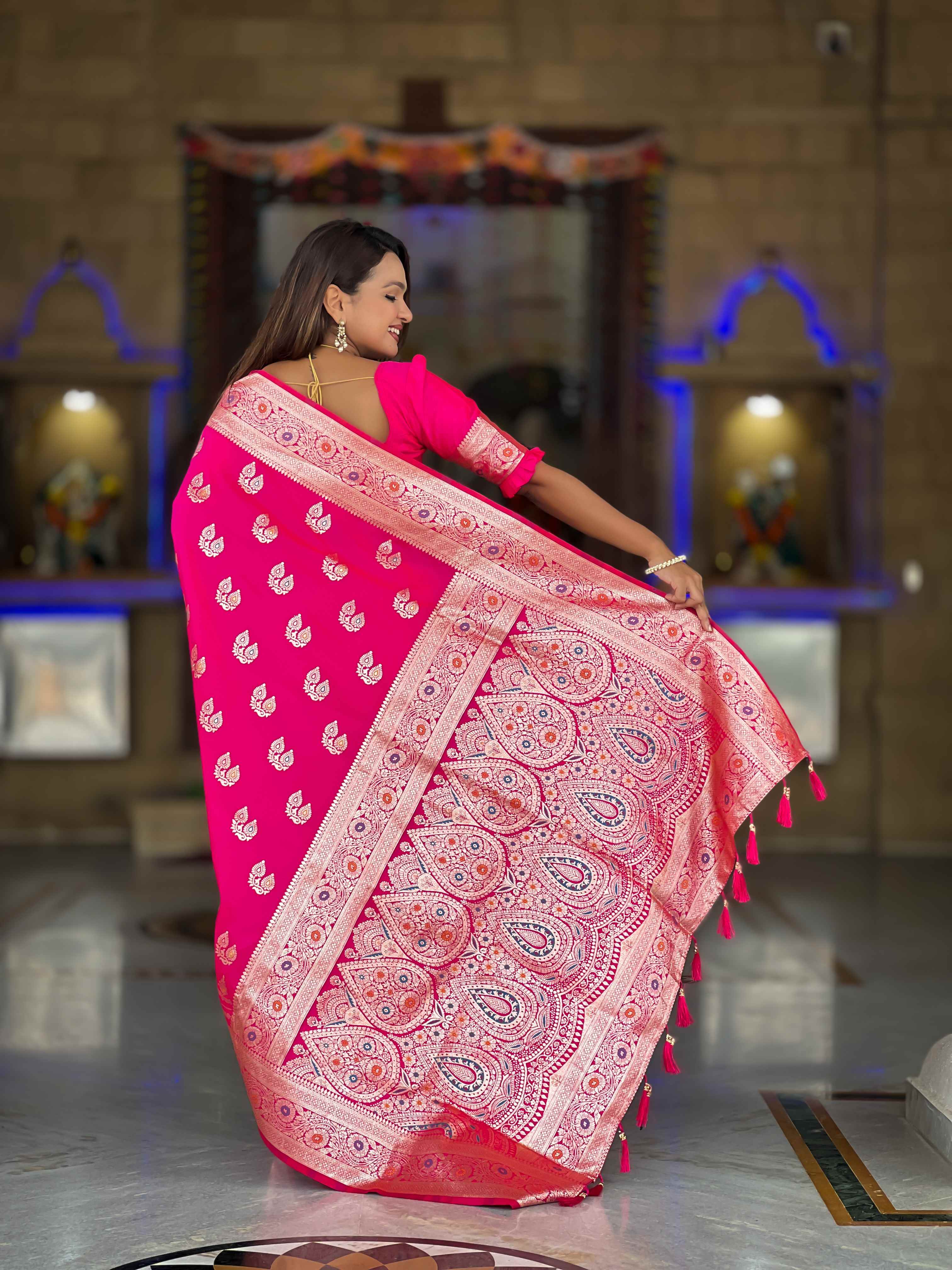 Pink Soft Banarasi Silk Saree with Meenakari Zari Work & Rich Pallu Design