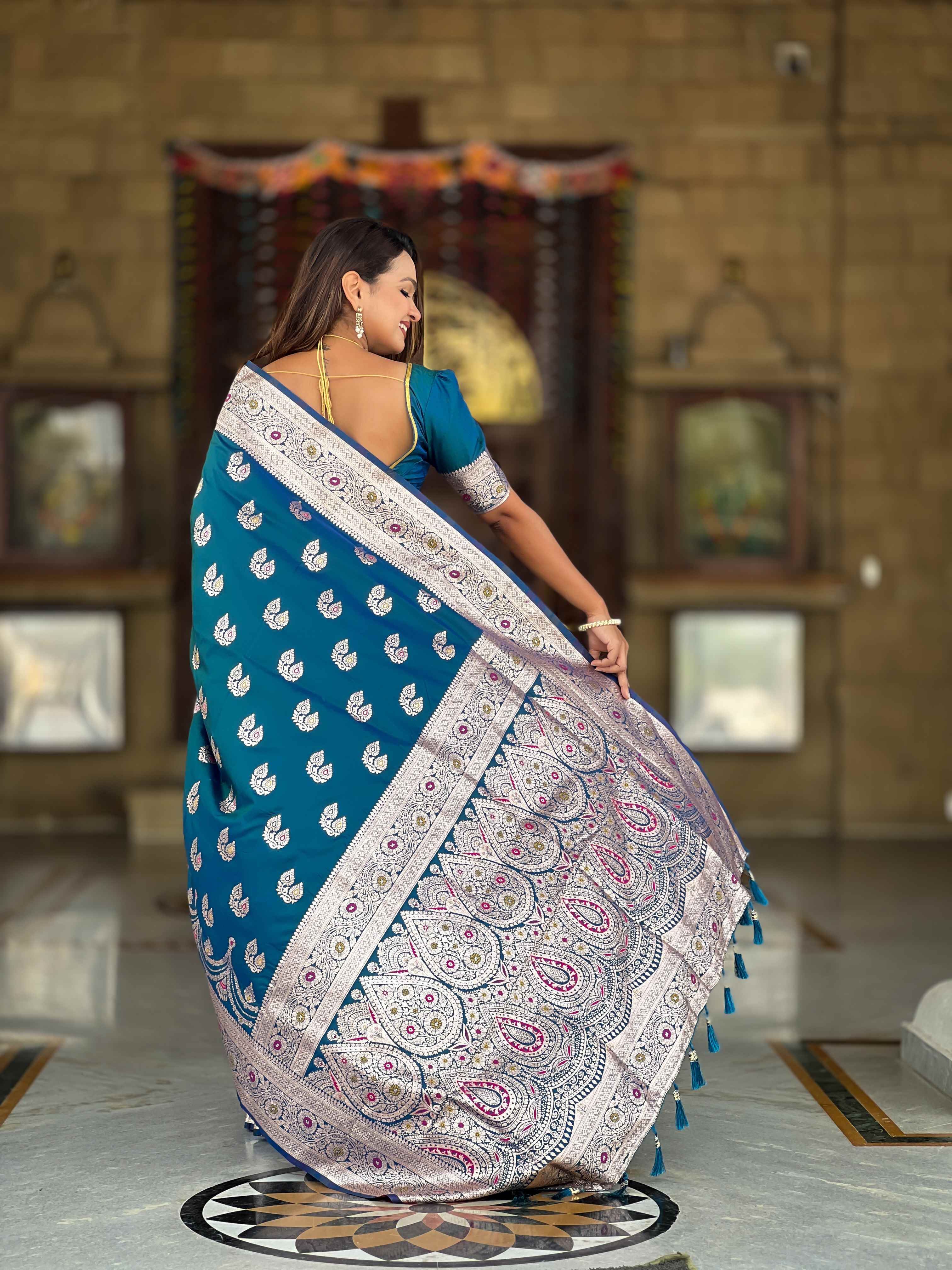 Blue Soft Banarasi Silk Saree with Meenakari Zari Work & Rich Pallu Design