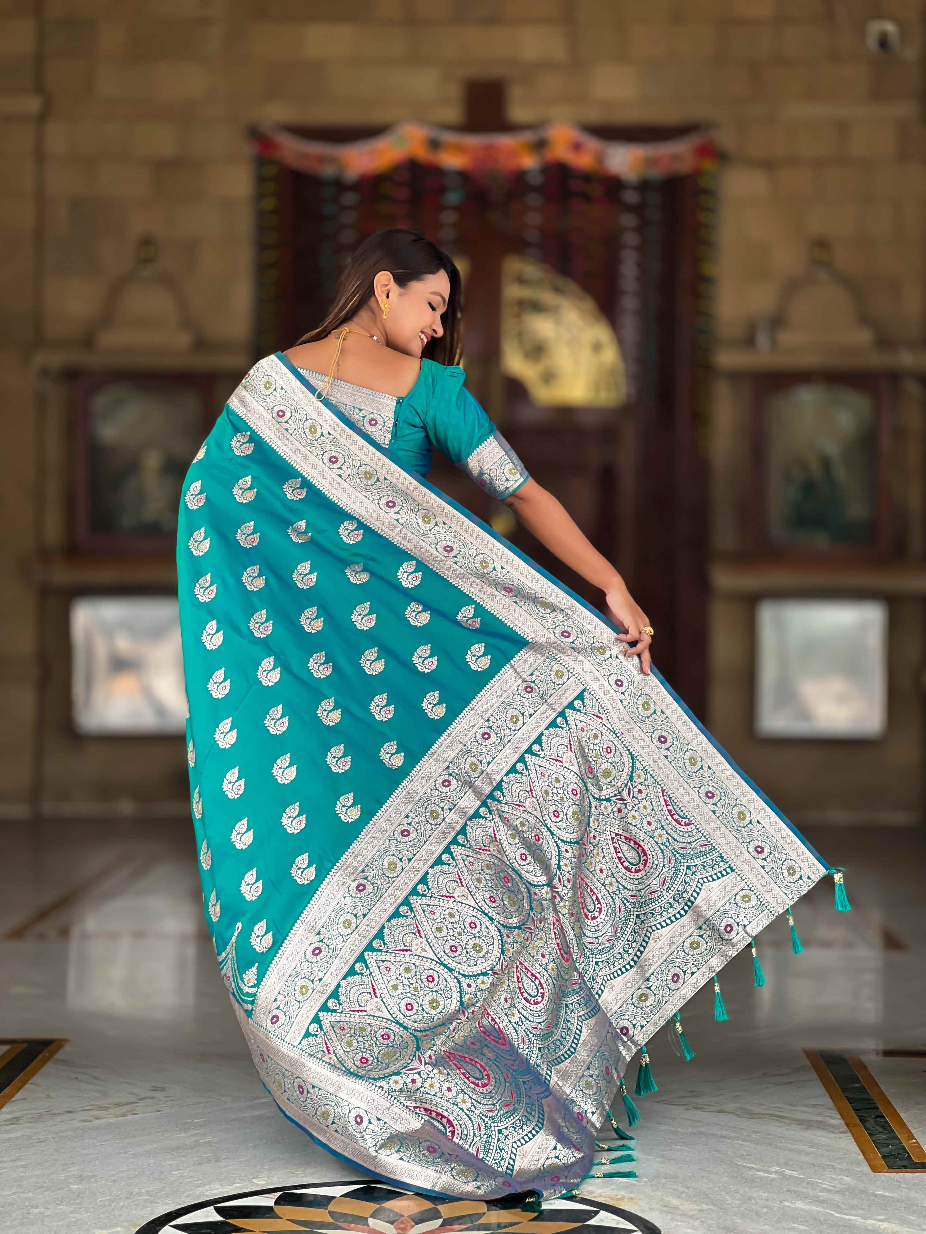 Sky Blue Soft Banarasi Silk Saree with Meenakari Zari Work & Rich Pallu Design