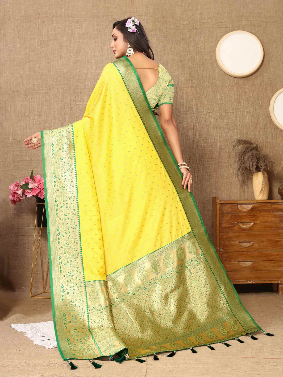 Lemon Yellow Soft Silk Saree with All-Over Zari Motifs, Contrast Rich Pallu & Brocade Blouse