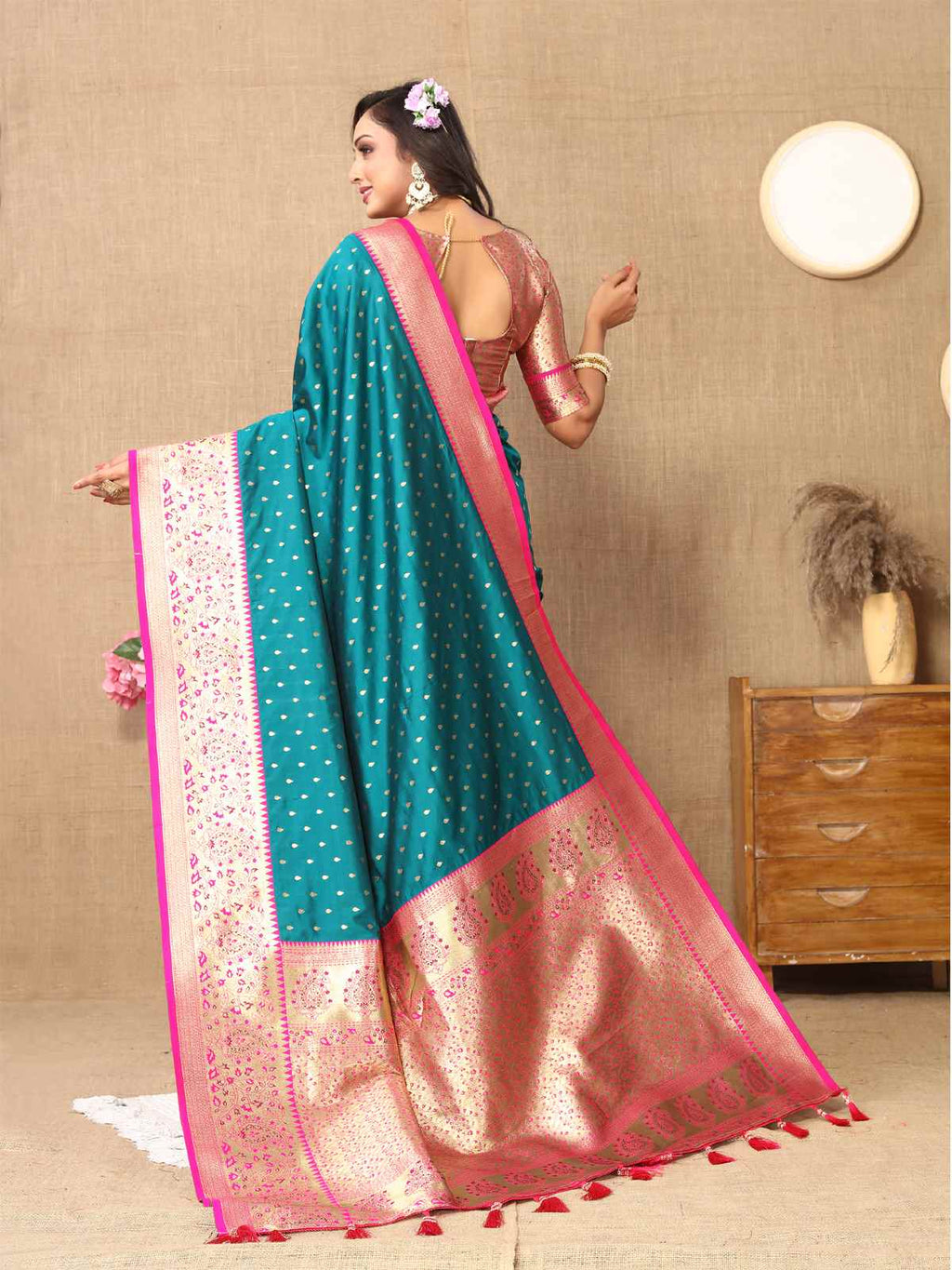Rama Soft Silk Saree with All-Over Zari Motifs, Contrast Rich Pallu & Brocade Blouse